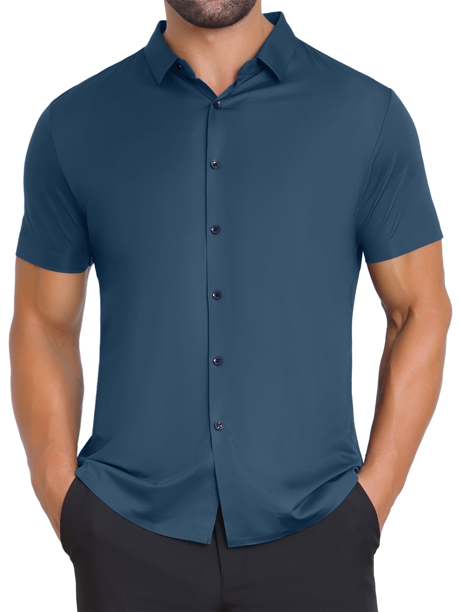 DARING DIVA Men's Button Down Point Collar Short Sleeve Business Dress Shirt M Dark Blue
