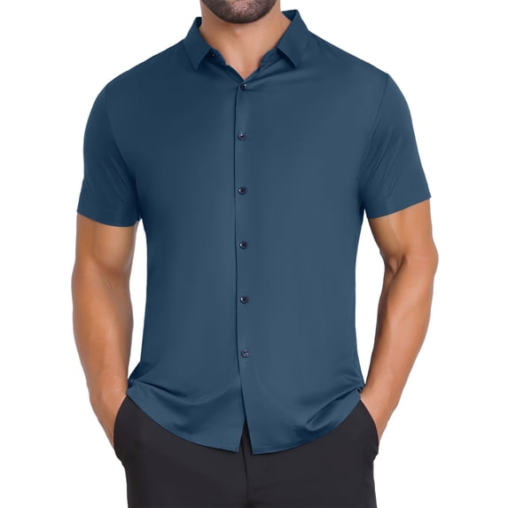DARING DIVA Men's Button Down Point Collar Short Sleeve Business Dress Shirt M Dark Blue