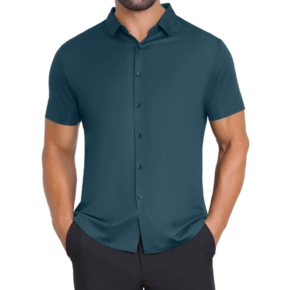 DARING DIVA Men's Button Down Point Collar Short Sleeve Business Dress Shirt S Green
