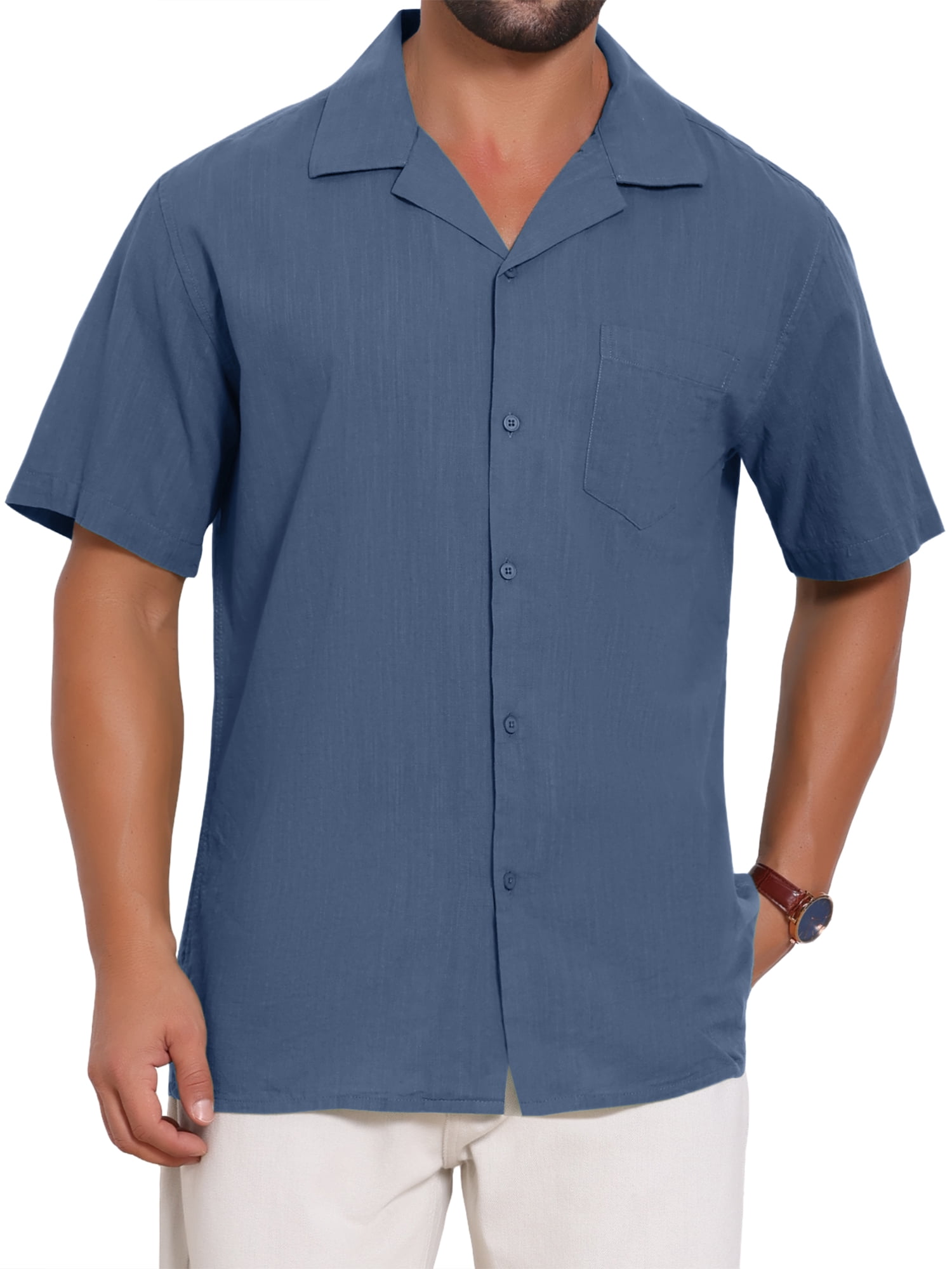 DARING DIVA Men's Camp Collar Button Down Short Sleeve Cotton Shirts L Dark Blue
