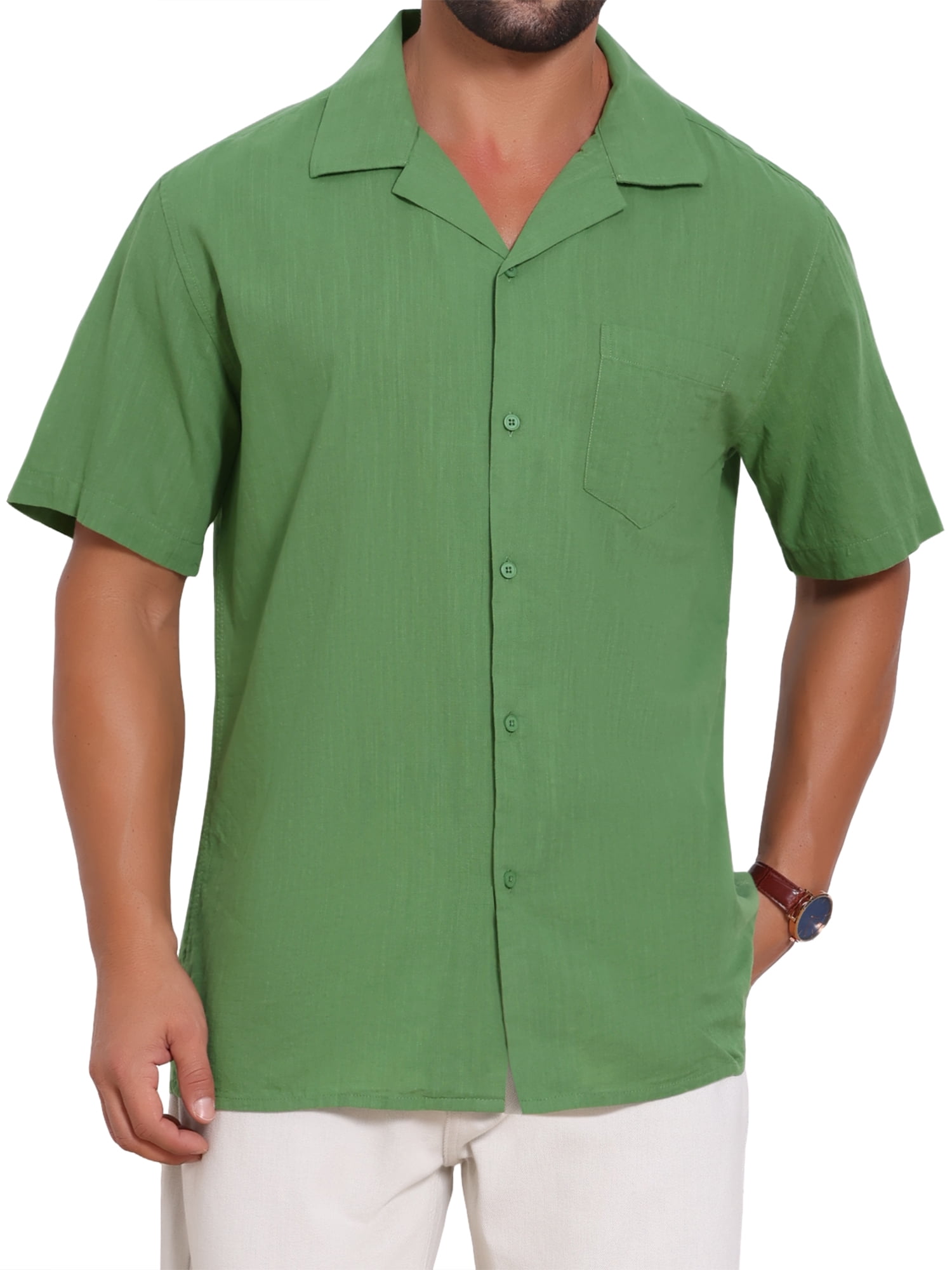 DARING DIVA Men's Camp Collar Button Down Short Sleeve Cotton Shirts L Green