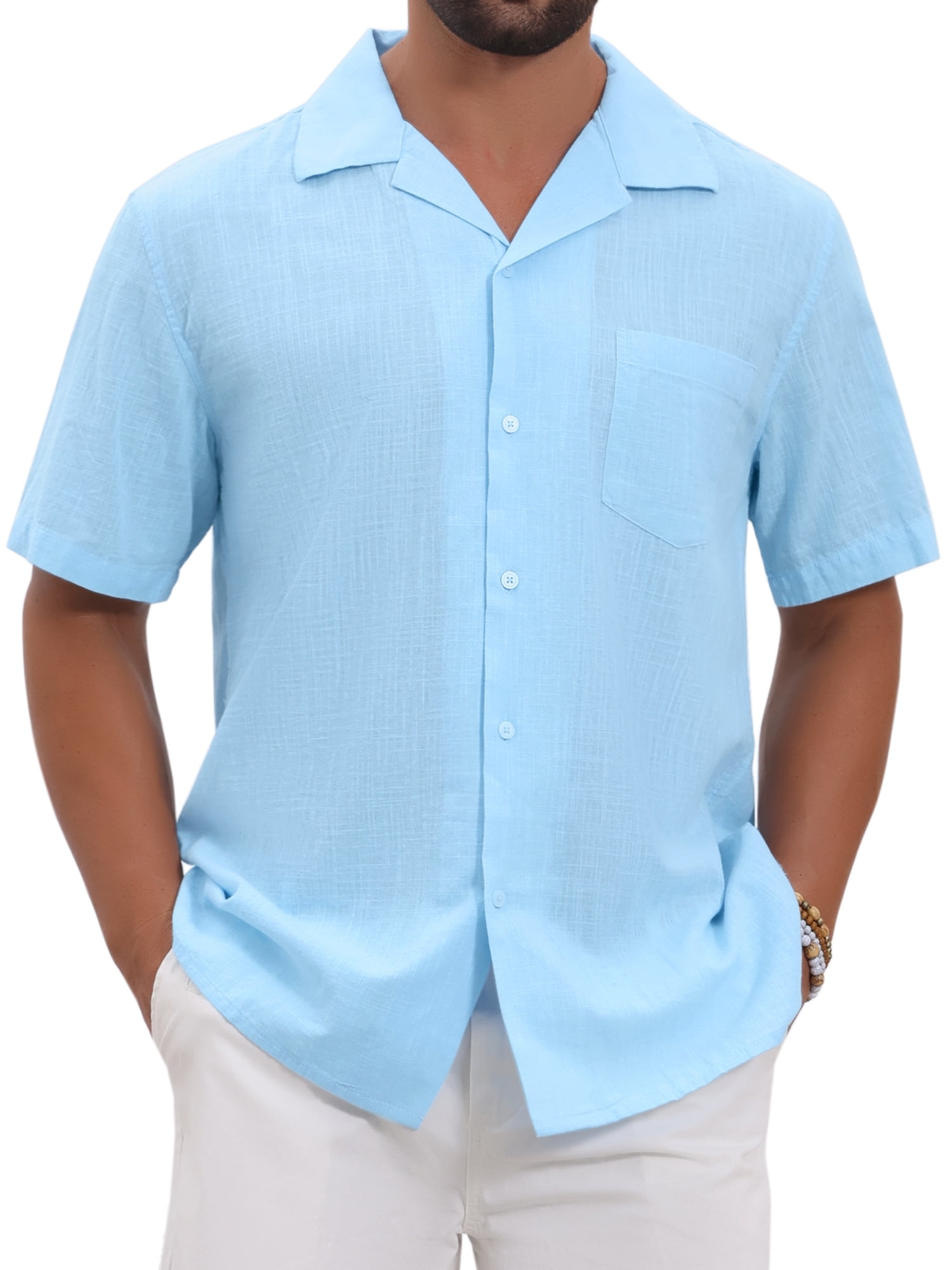 DARING DIVA Men's Camp Collar Button Down Short Sleeve Cotton Shirts M Light Blue
