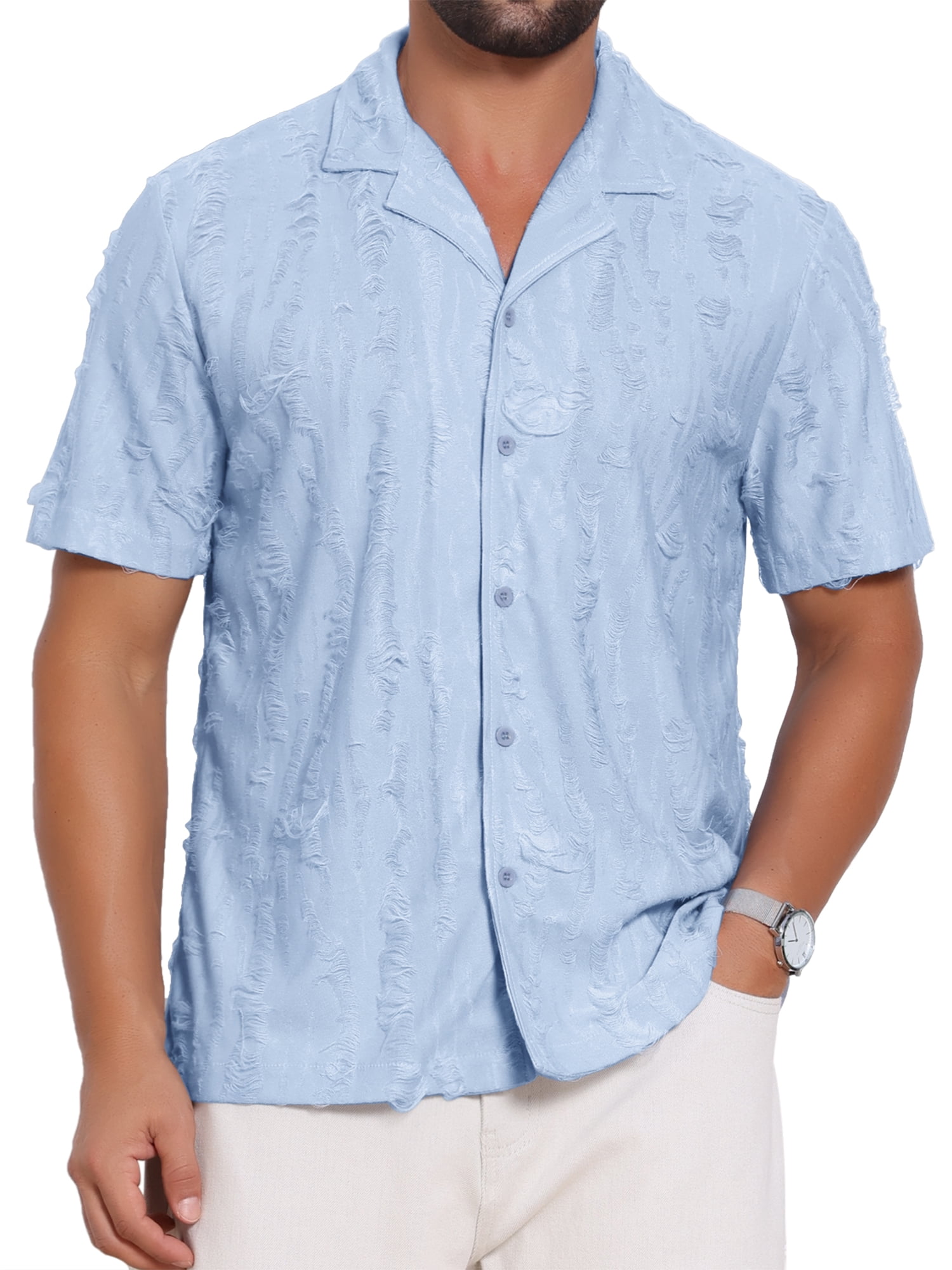 DARING DIVA Men's Camp Collar Button Down Short Sleeve Distressed Ripped Shirts 2XL Blue