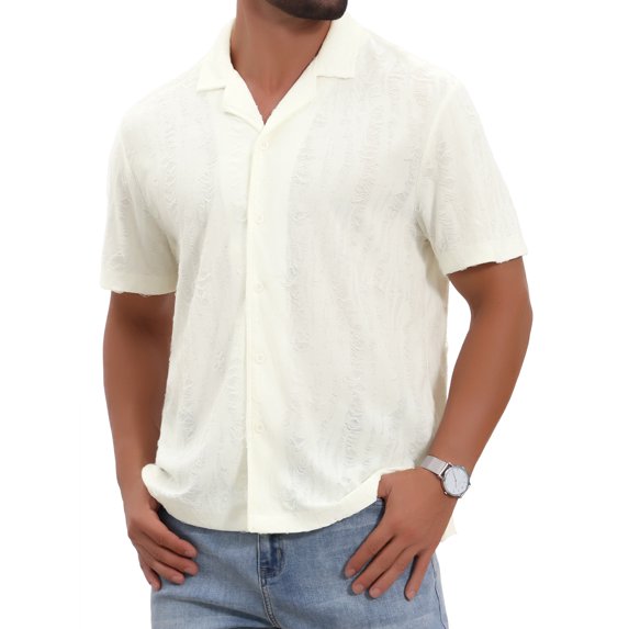 DARING DIVA Men's Camp Collar Button Down Short Sleeve Distressed Ripped Shirts 3XL Beige