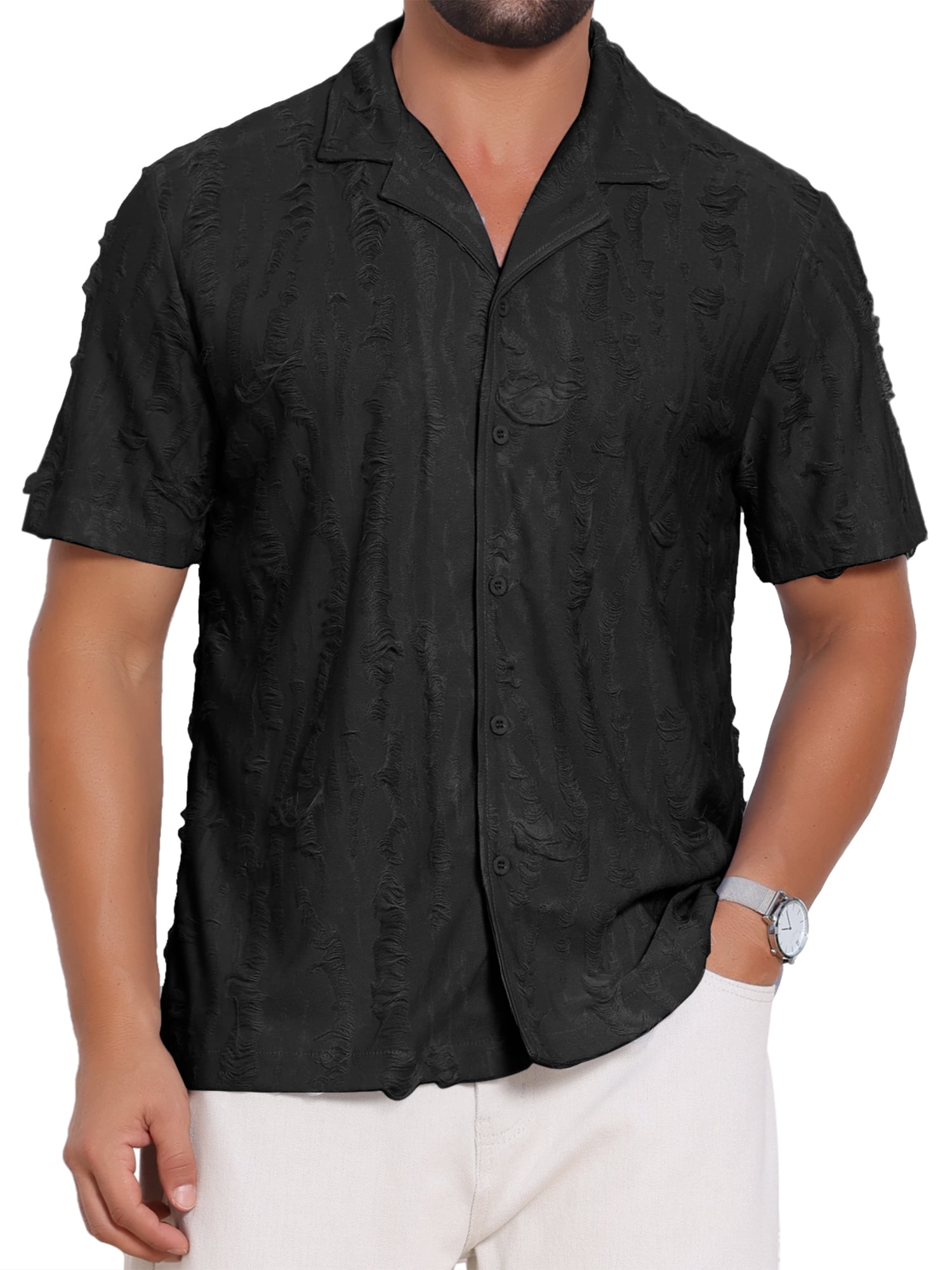 DARING DIVA Men's Camp Collar Button Down Short Sleeve Distressed Ripped Shirts 3XL Black