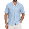 thumbnail image 1 of DARING DIVA Men's Camp Collar Button Down Short Sleeve Distressed Ripped Shirts L Blue, 1 of 7