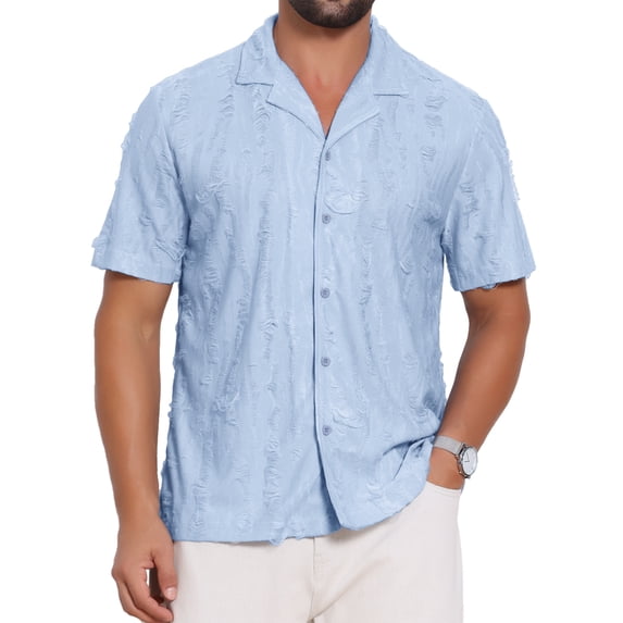 DARING DIVA Men's Camp Collar Button Down Short Sleeve Distressed Ripped Shirts L Blue