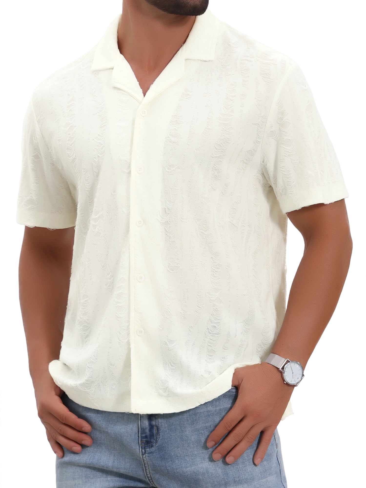 DARING DIVA Men's Camp Collar Button Down Short Sleeve Distressed Ripped Shirts M Beige