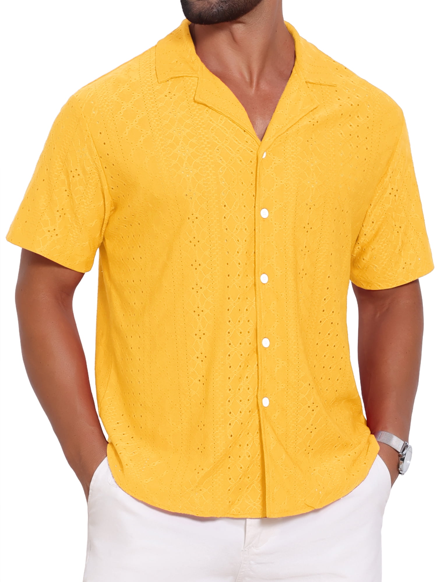 DARING DIVA Men's Hollow Texture Knit Short Sleeve Camp Collar Shirt 2XL Yellow