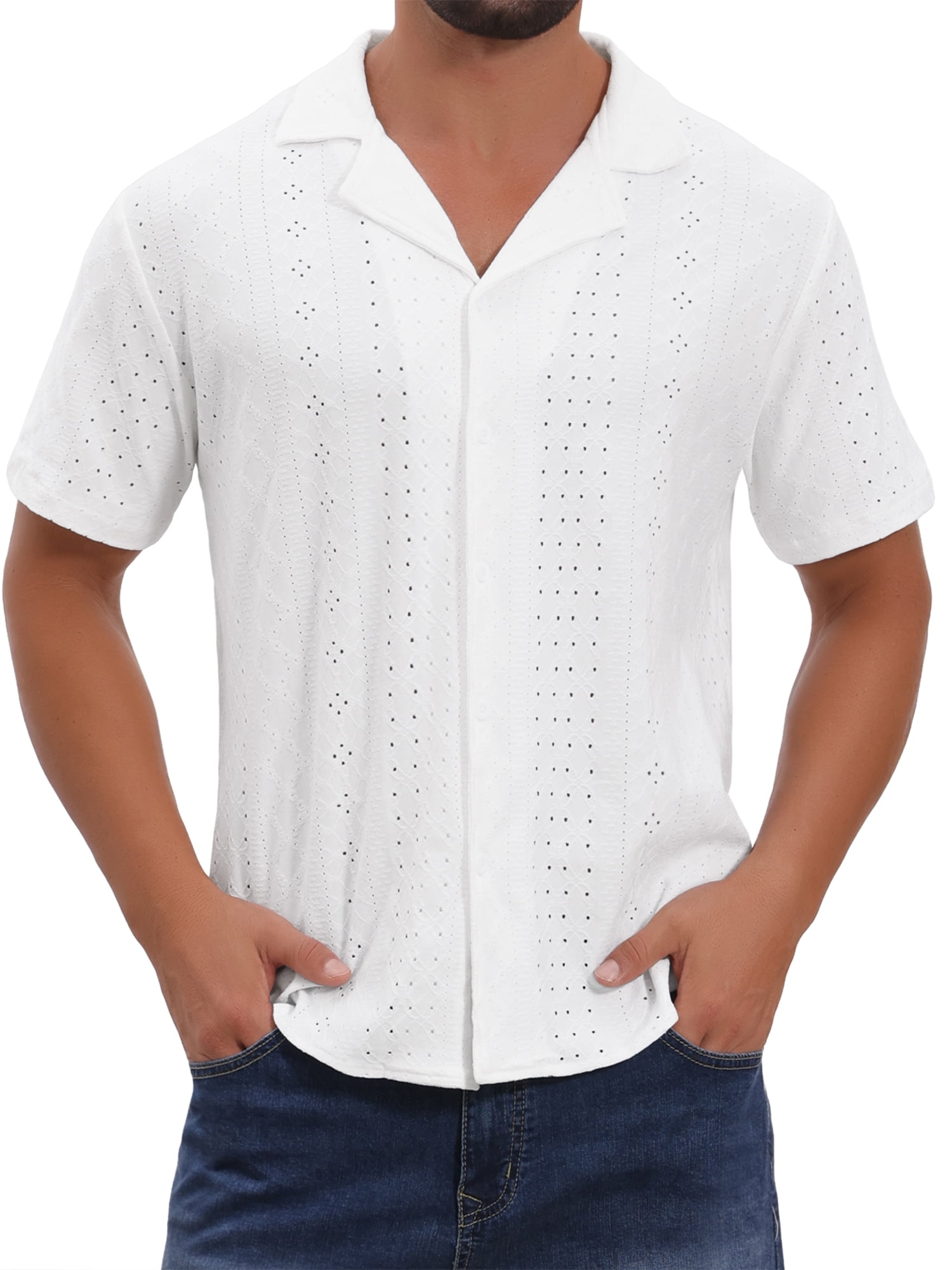 DARING DIVA Men's Hollow Texture Knit Short Sleeve Camp Collar Shirt 3XL White
