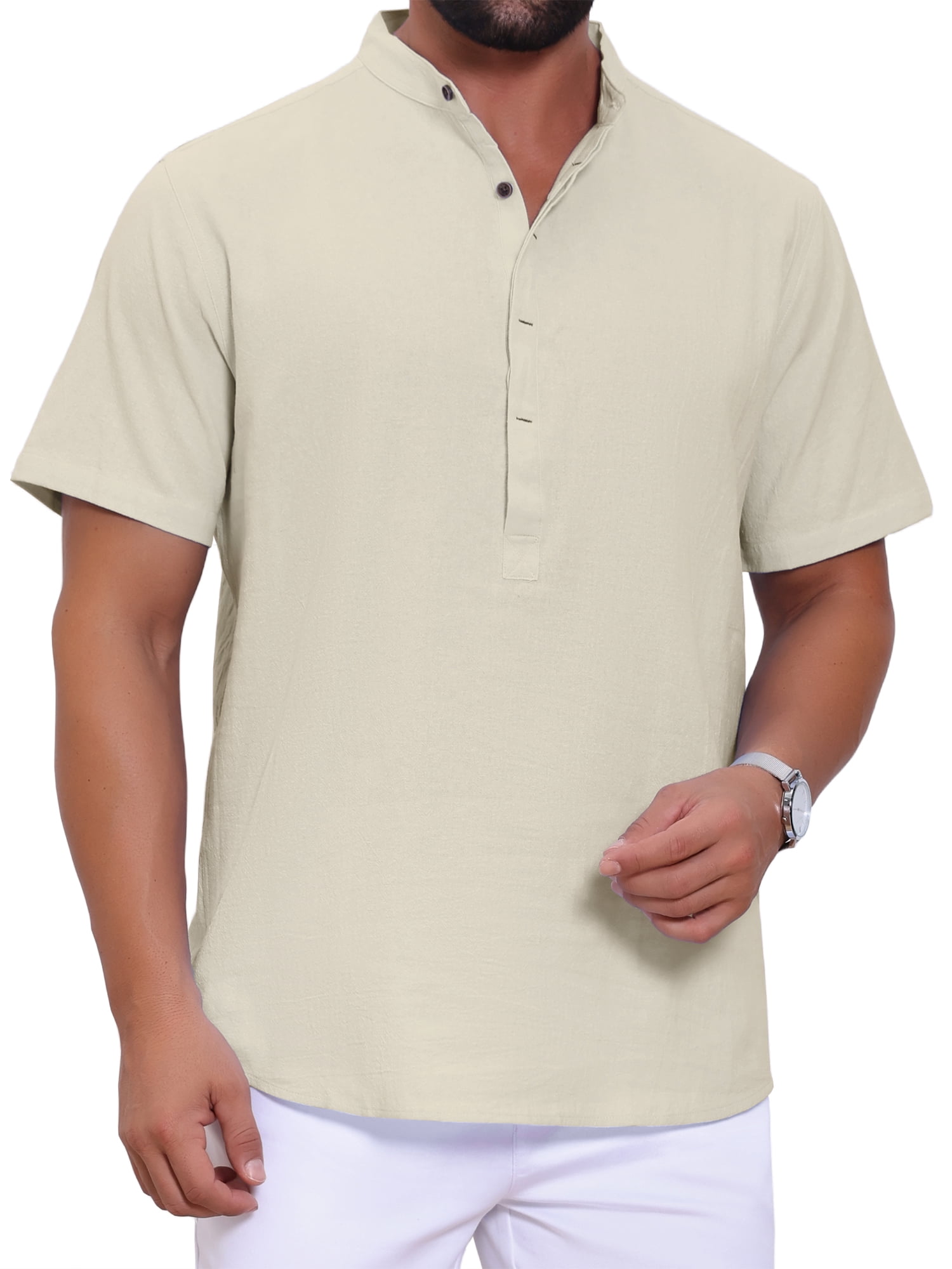 DARING DIVA Men's Casual Henley Band Collar Short Sleeve Summer Linen Shirts L Apricot
