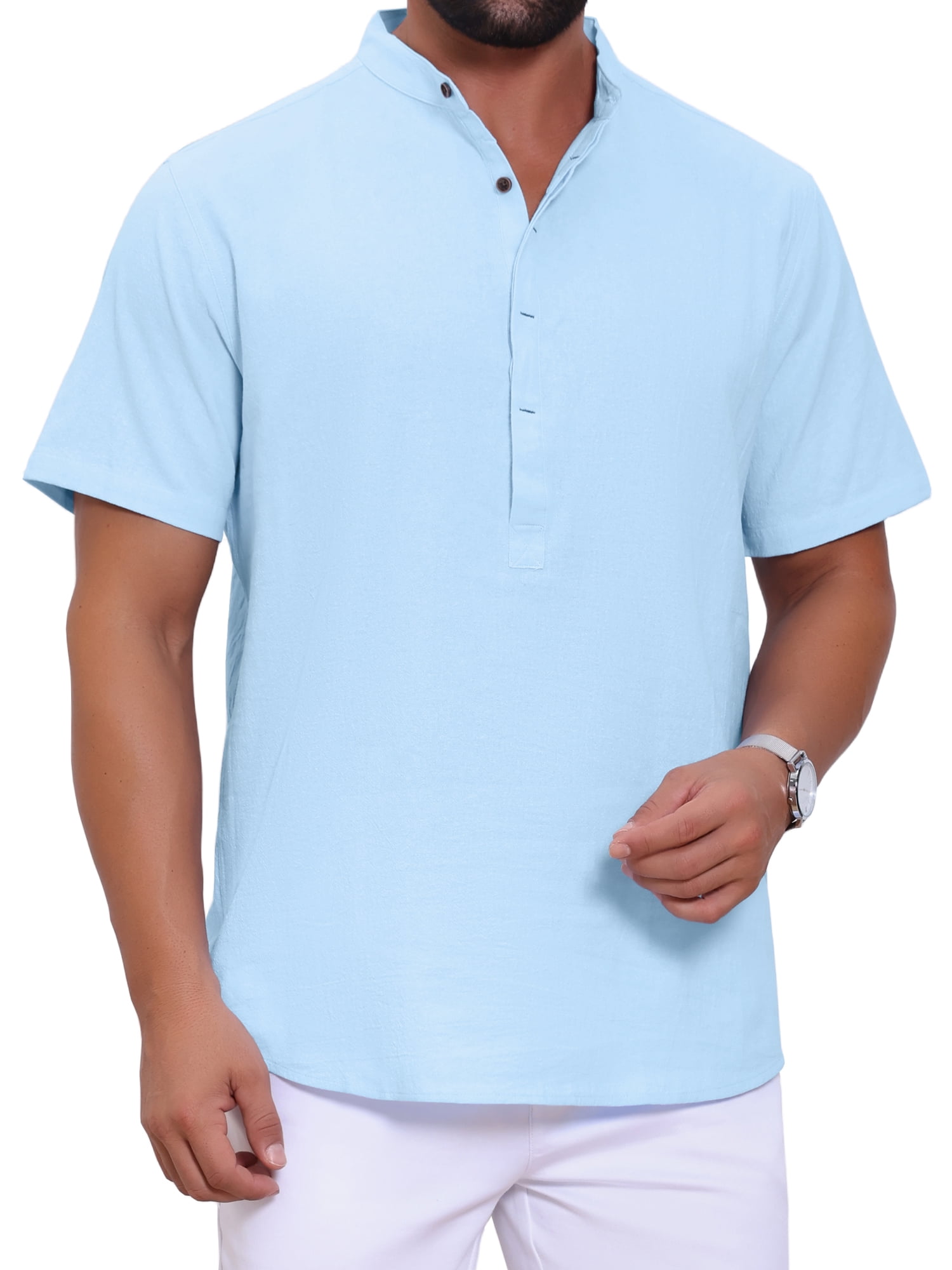 DARING DIVA Men's Casual Henley Band Collar Short Sleeve Summer Linen Shirts L Light Blue