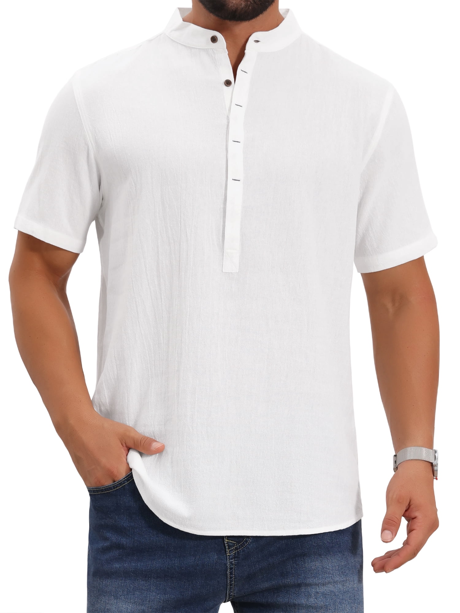 DARING DIVA Men's Casual Henley Band Collar Short Sleeve Summer Linen Shirts L White