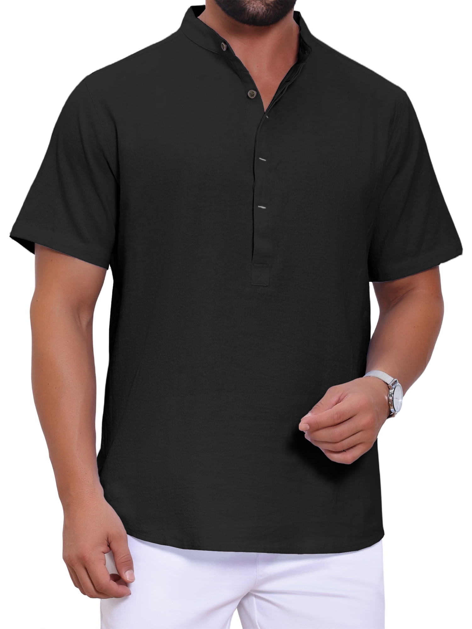 DARING DIVA Men's Casual Henley Band Collar Short Sleeve Summer Linen Shirts M Black