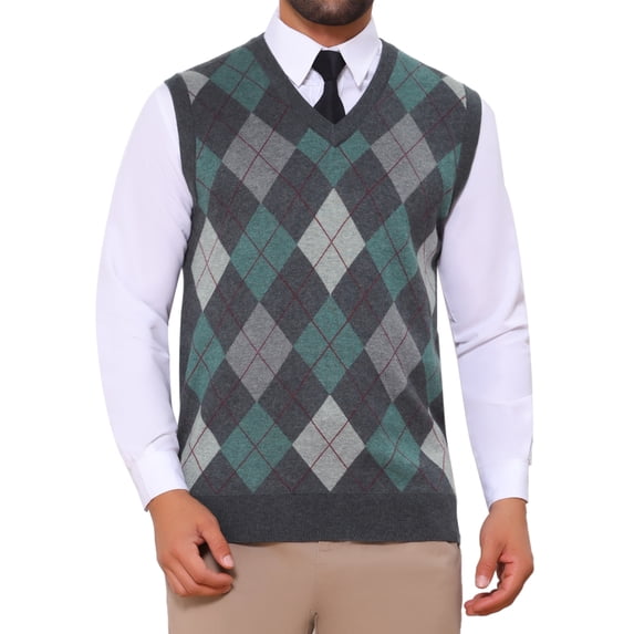DARING DIVA Men's Casual Knit Sleeveless V-Neck Plaid Argyle Sweater Vest M Dark Gray