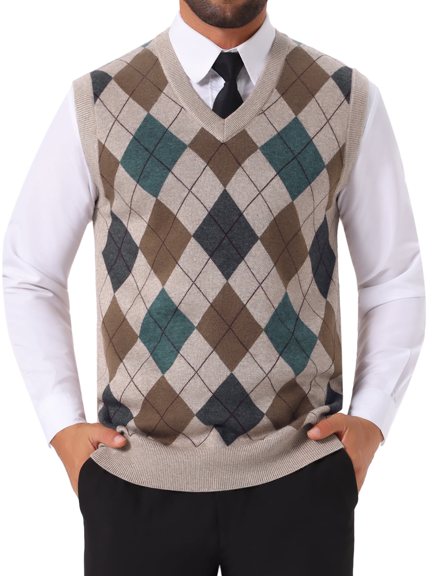 DARING DIVA Men's Casual Knit Sleeveless V-Neck Plaid Argyle Sweater Vest M Light Brown