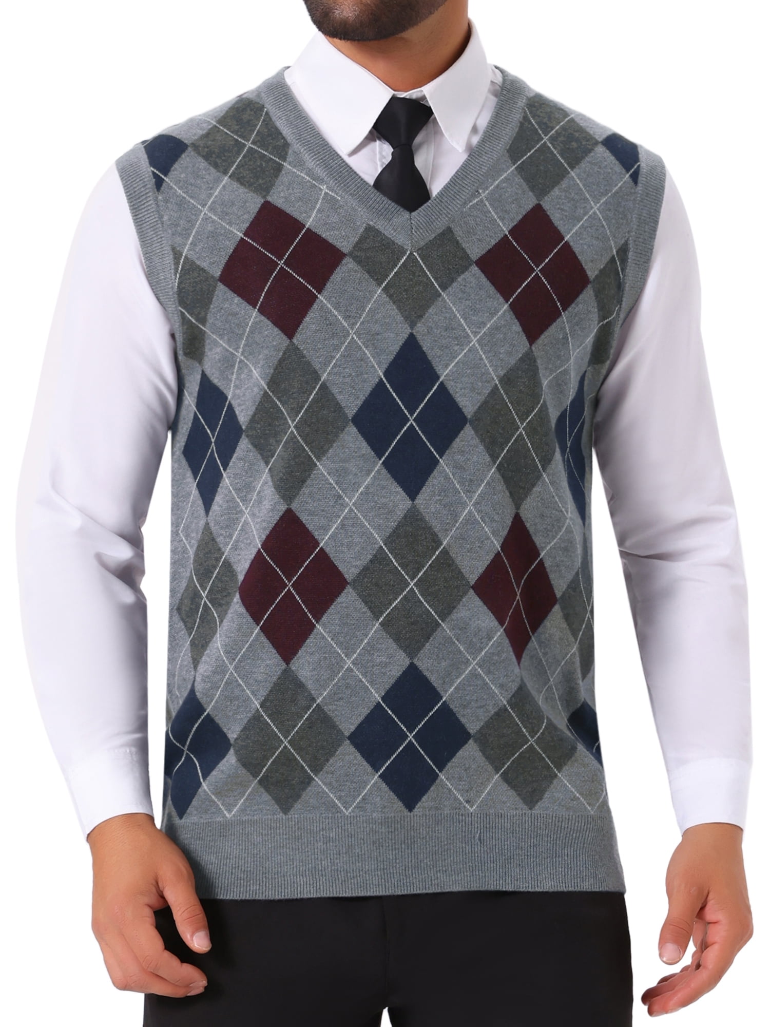 DARING DIVA Men's Casual Knit Sleeveless V-Neck Plaid Argyle Sweater Vest M Light Gray