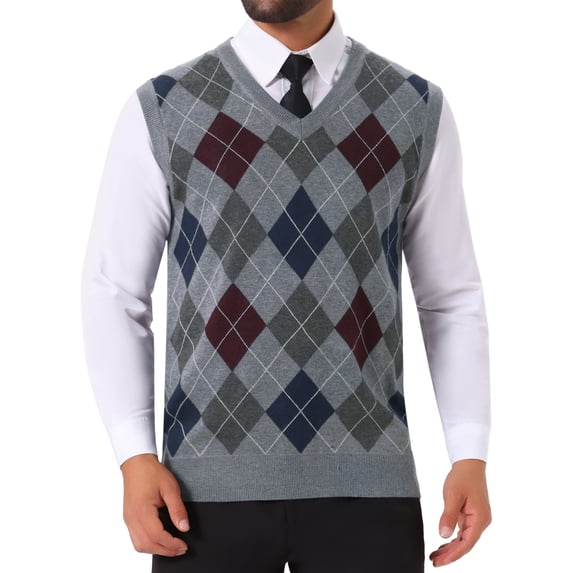 DARING DIVA Men's Casual Knit Sleeveless V-Neck Plaid Argyle Sweater Vest M Light Gray