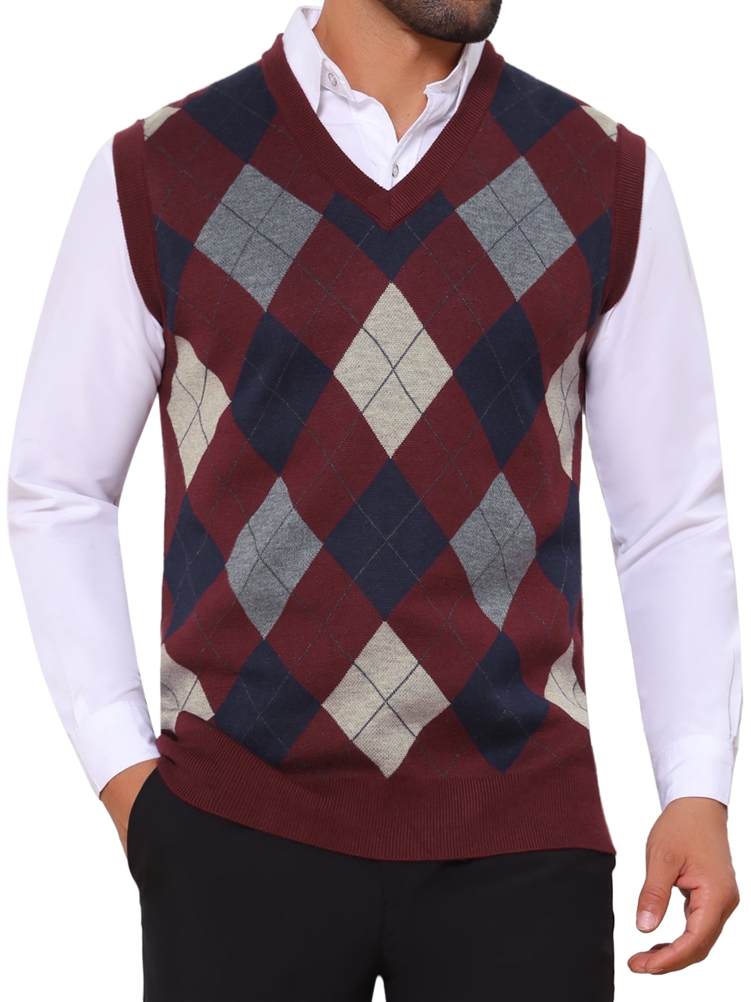 DARING DIVA Men's Casual Knit Sleeveless V-Neck Plaid Argyle Sweater Vest S Burgundy