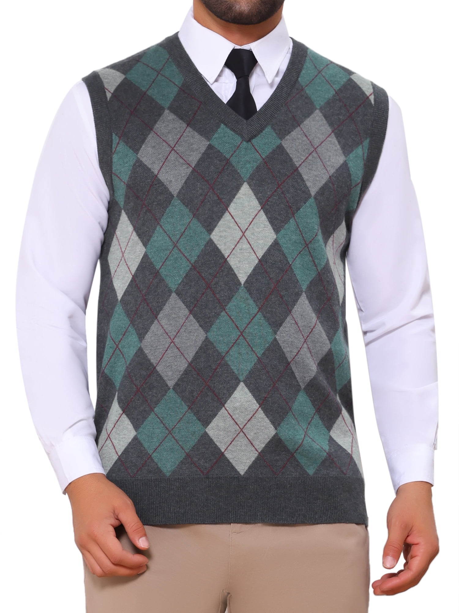 DARING DIVA Men's Casual Knit Sleeveless V-Neck Plaid Argyle Sweater Vest S Dark Gray