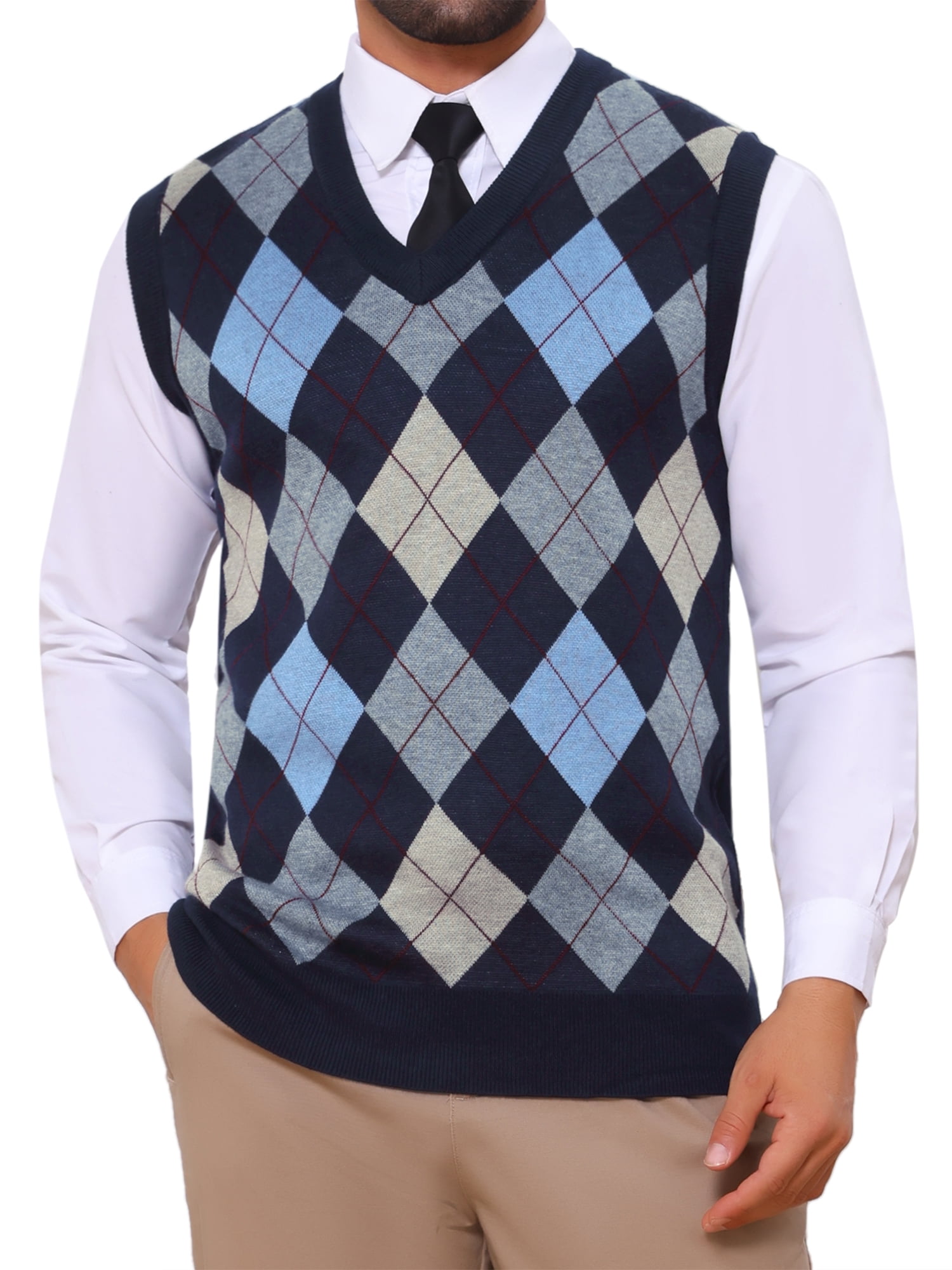 DARING DIVA Men's Casual Knit Sleeveless V-Neck Plaid Argyle Sweater Vest XL Navy Blue