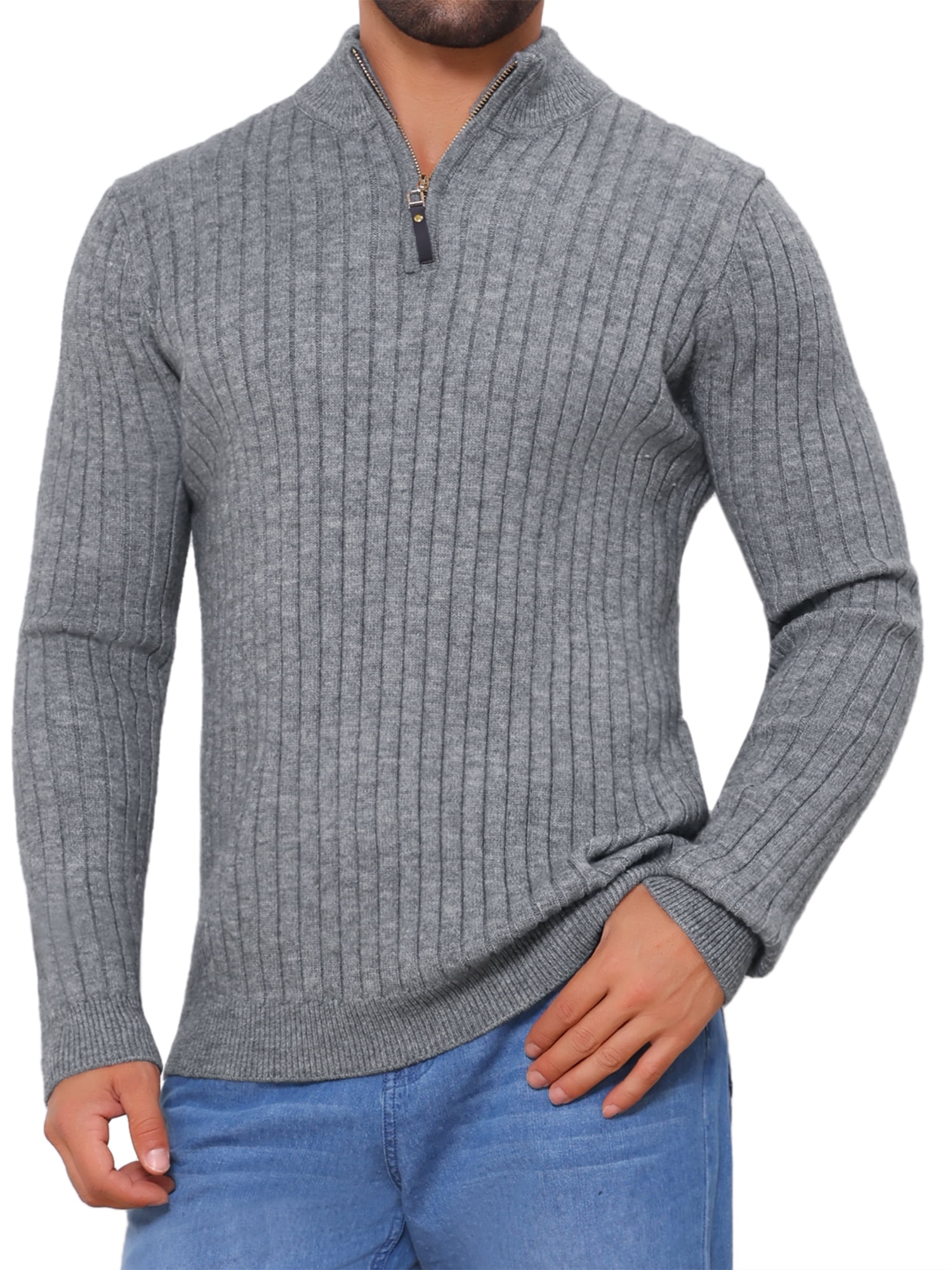 DARING DIVA Men's Casual Pullover Knitted Mock Neck Polo Sweater L Gray
