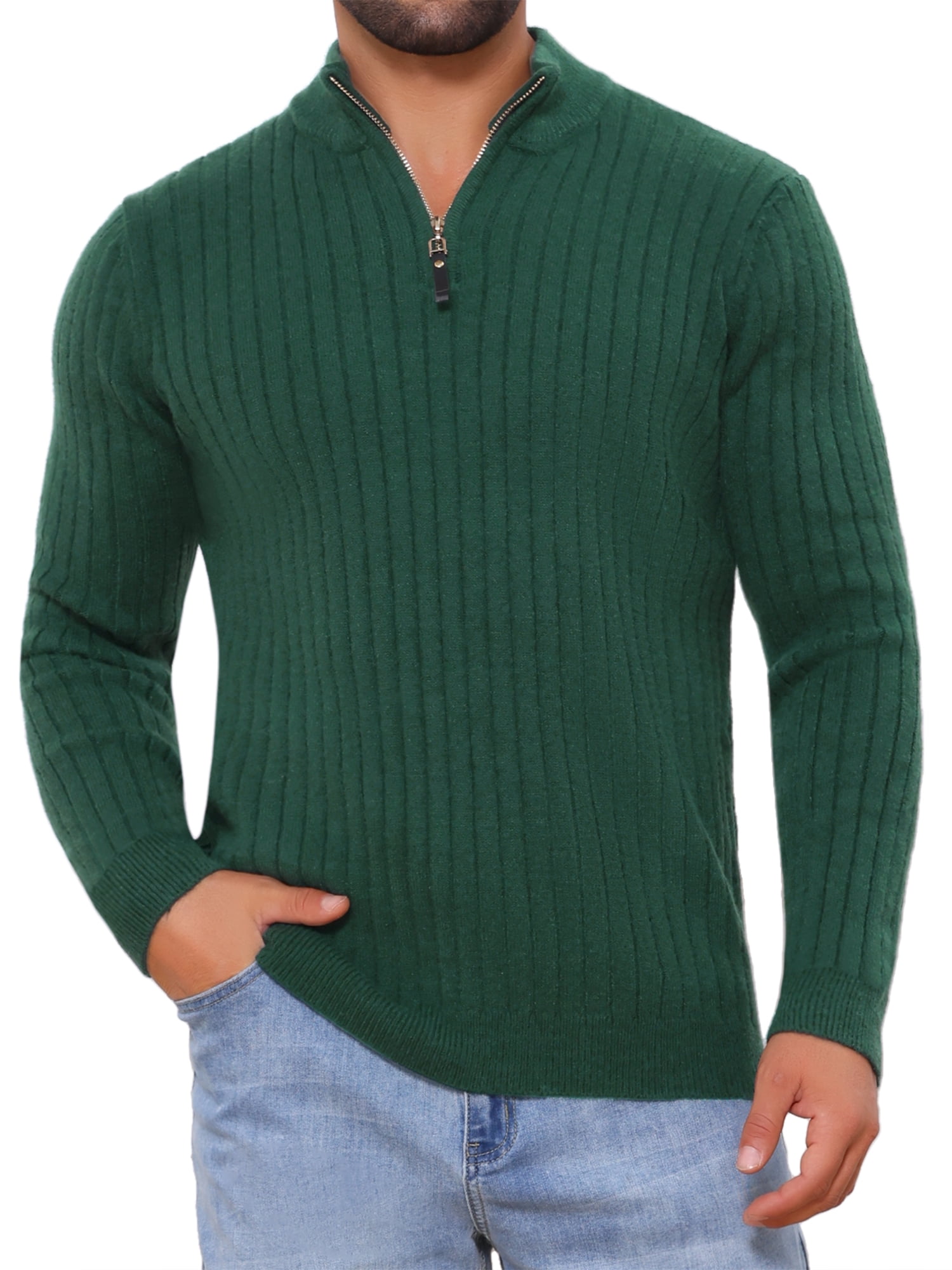 DARING DIVA Men's Casual Pullover Knitted Mock Neck Polo Sweater M Green