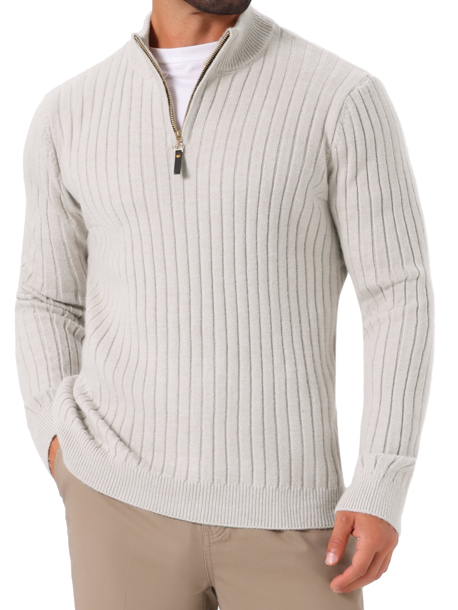 DARING DIVA Men's Casual Pullover Knitted Mock Neck Polo Sweater S Light Gray