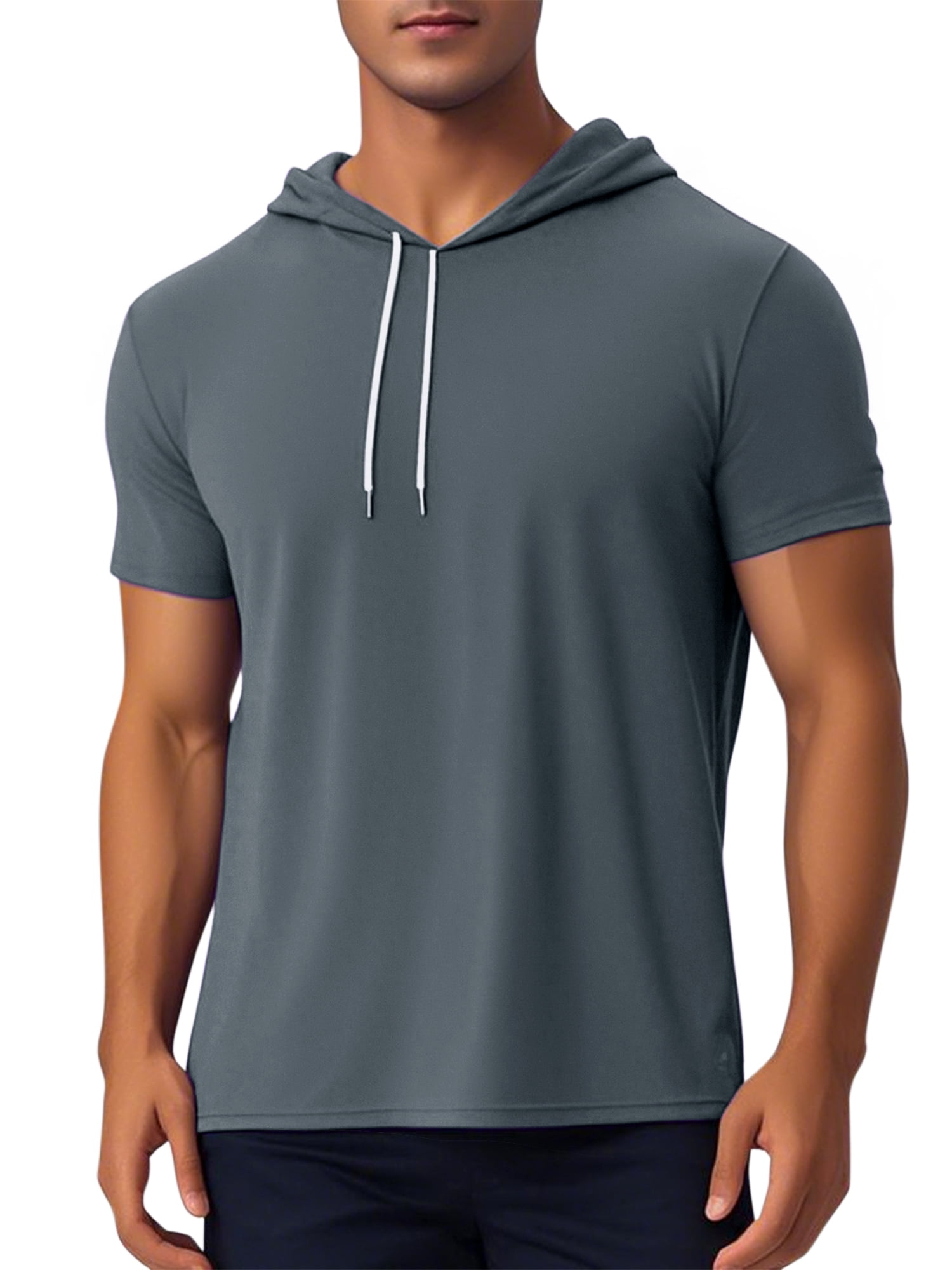DARING DIVA Men's Casual Short Sleeve Pullover Drawstring Hooded T-Shirt 2XL Dark Gray