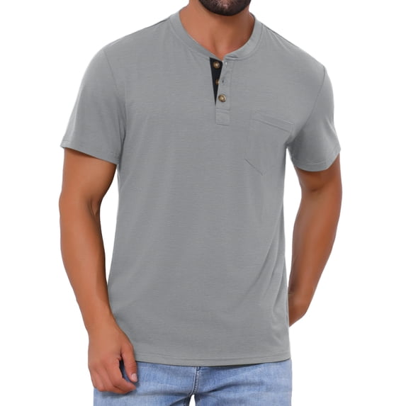 DARING DIVA Men's Casual Summer Short Sleeves Button Henley Basic Tee L Light Gray