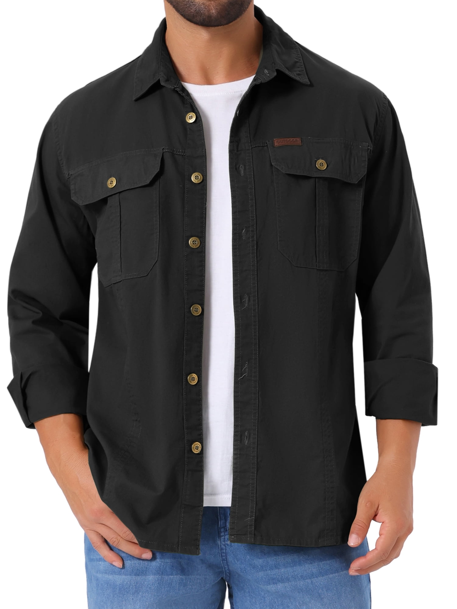 DARING DIVA Men's Casual Workwear Long Sleeve Button Down Hiking Shirts L Black