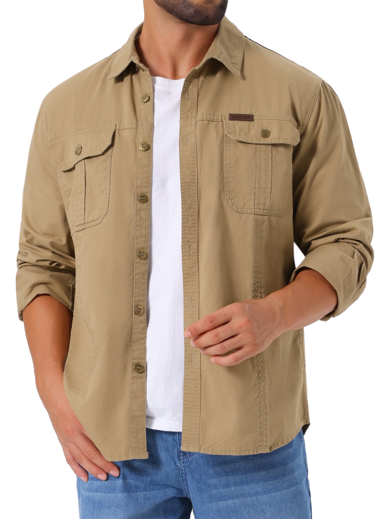 DARING DIVA Men's Casual Workwear Long Sleeve Button Down Hiking Shirts L Khaki