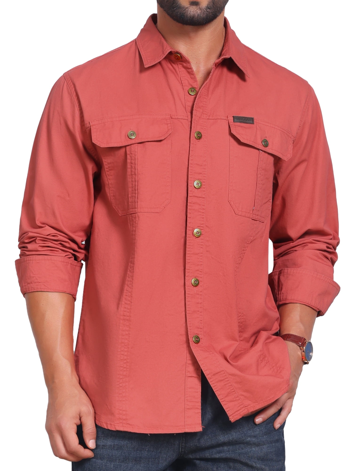 DARING DIVA Men's Casual Workwear Long Sleeve Button Down Hiking Shirts L Red