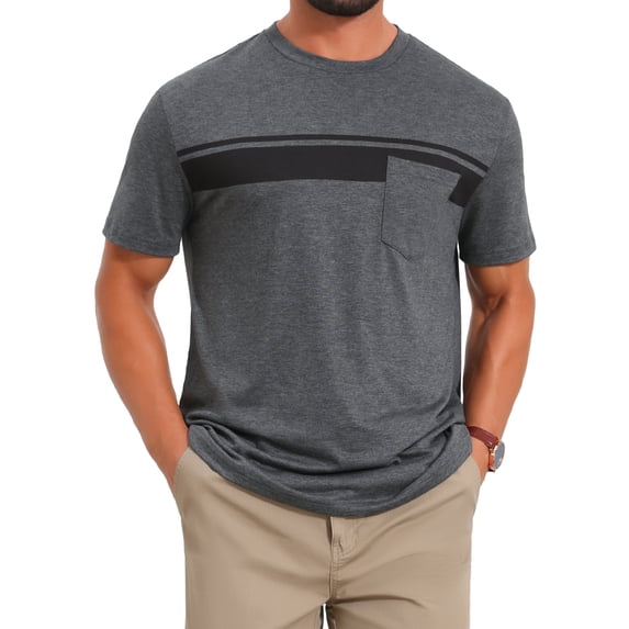 DARING DIVA Men's Chest Pocket Striped Print Crew Neck Short Sleeve T-Shirt 3XL Dark Gray