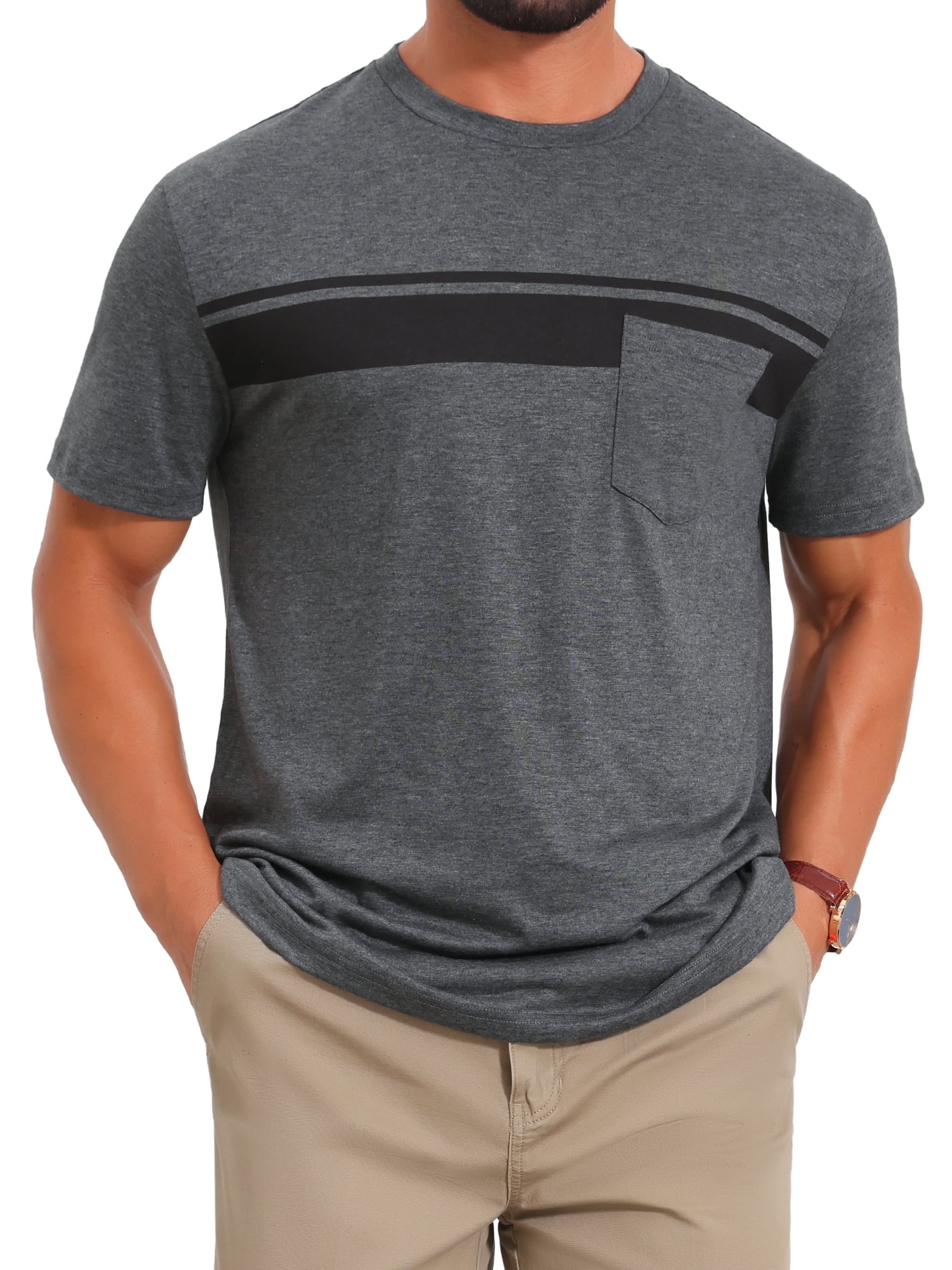 DARING DIVA Men's Chest Pocket Striped Print Crew Neck Short Sleeve T-Shirt L Dark Gray