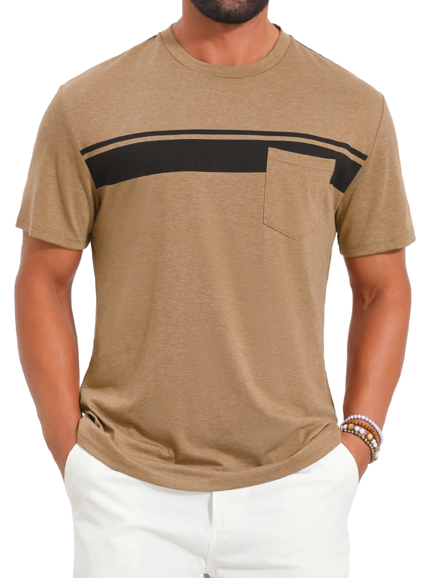 DARING DIVA Men's Chest Pocket Striped Print Crew Neck Short Sleeve T-Shirt L Khaki