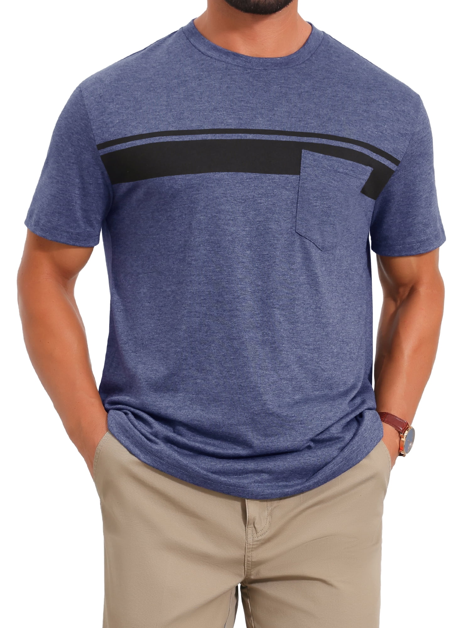 DARING DIVA Men's Chest Pocket Striped Print Crew Neck Short Sleeve T-Shirt XL Dark Blue