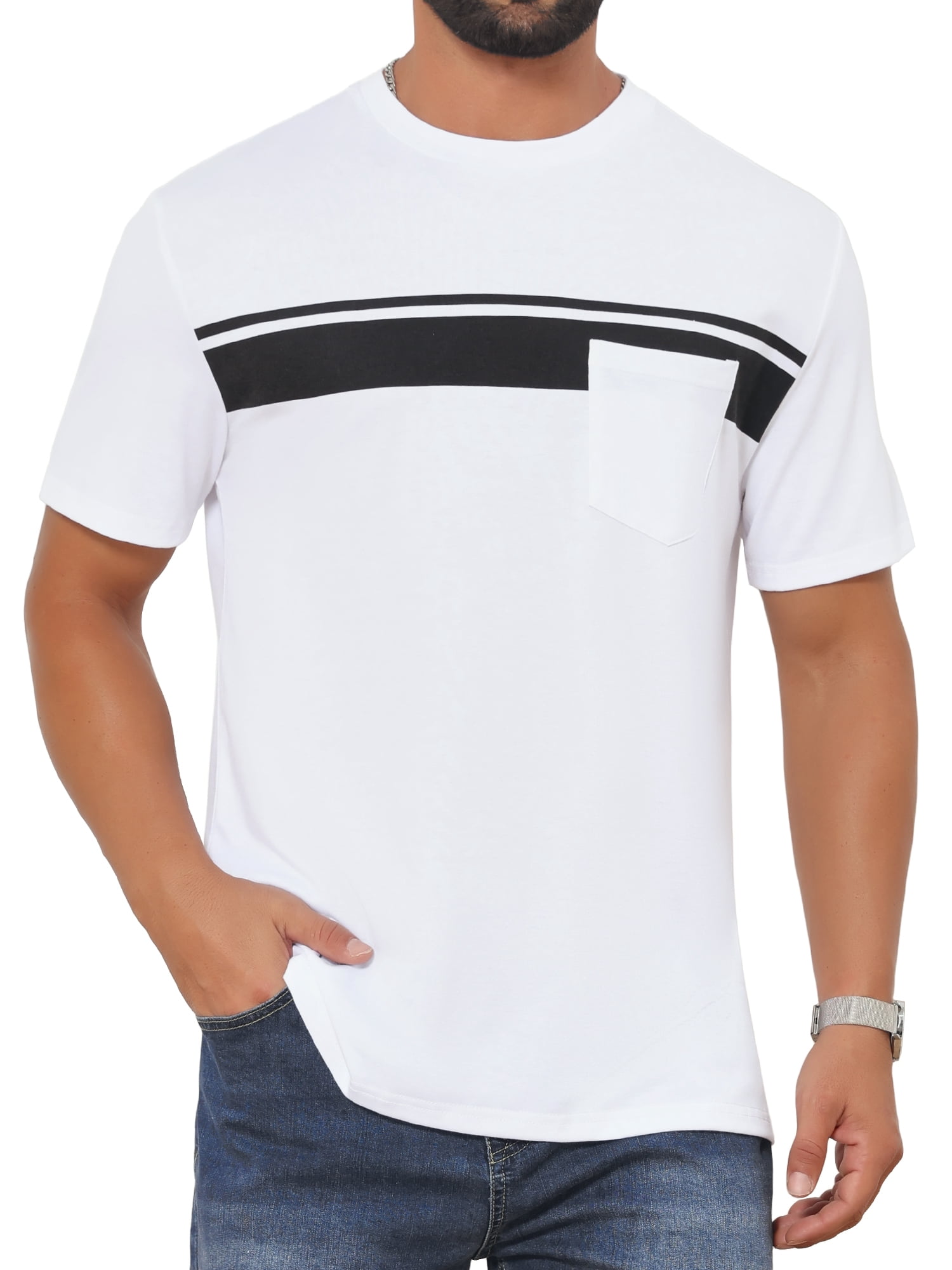 DARING DIVA Men's Chest Pocket Striped Print Crew Neck Short Sleeve T-Shirt XL White