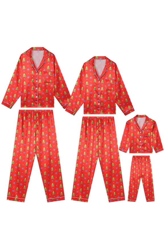 Men's Christmas Family Satin Long Sleeve Tree Print Pajamas Sets 2XL Red