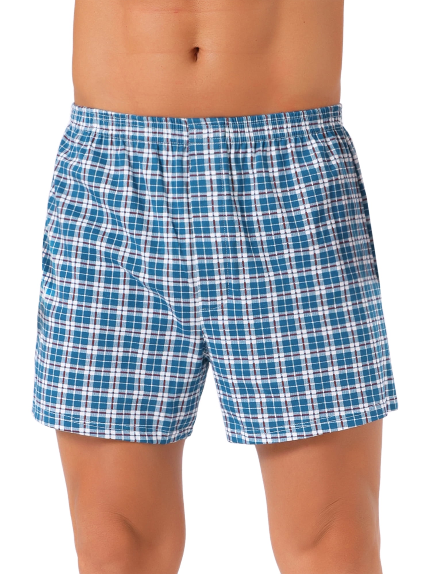 DARING DIVA Men's Classic Elastic Waistband Plaid Pattern Boxer Shorts 32 Blue White