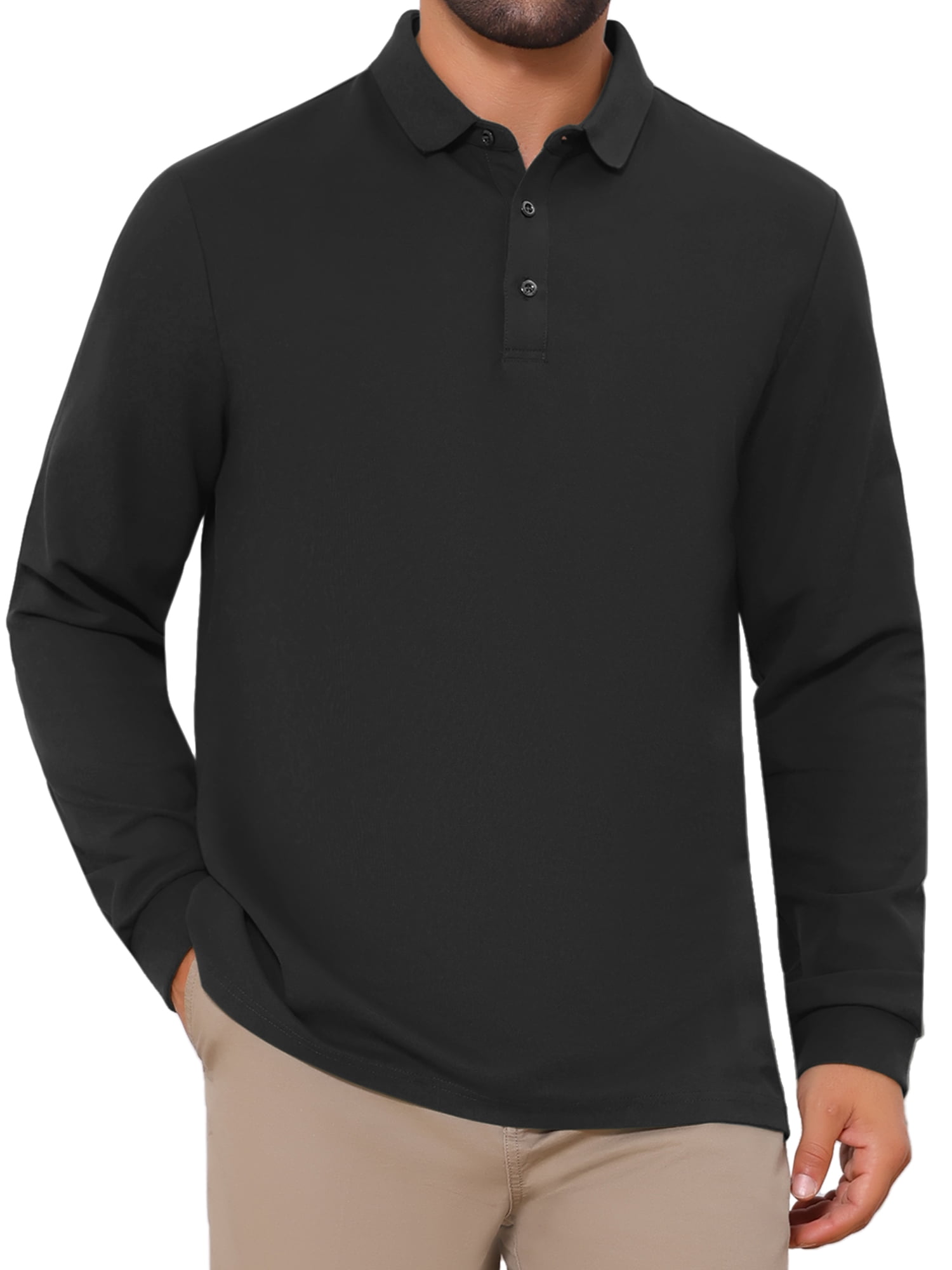 DARING DIVA Men's Classic Solid Color Long Sleeves Basic Golf Polo T-Shirts L Black