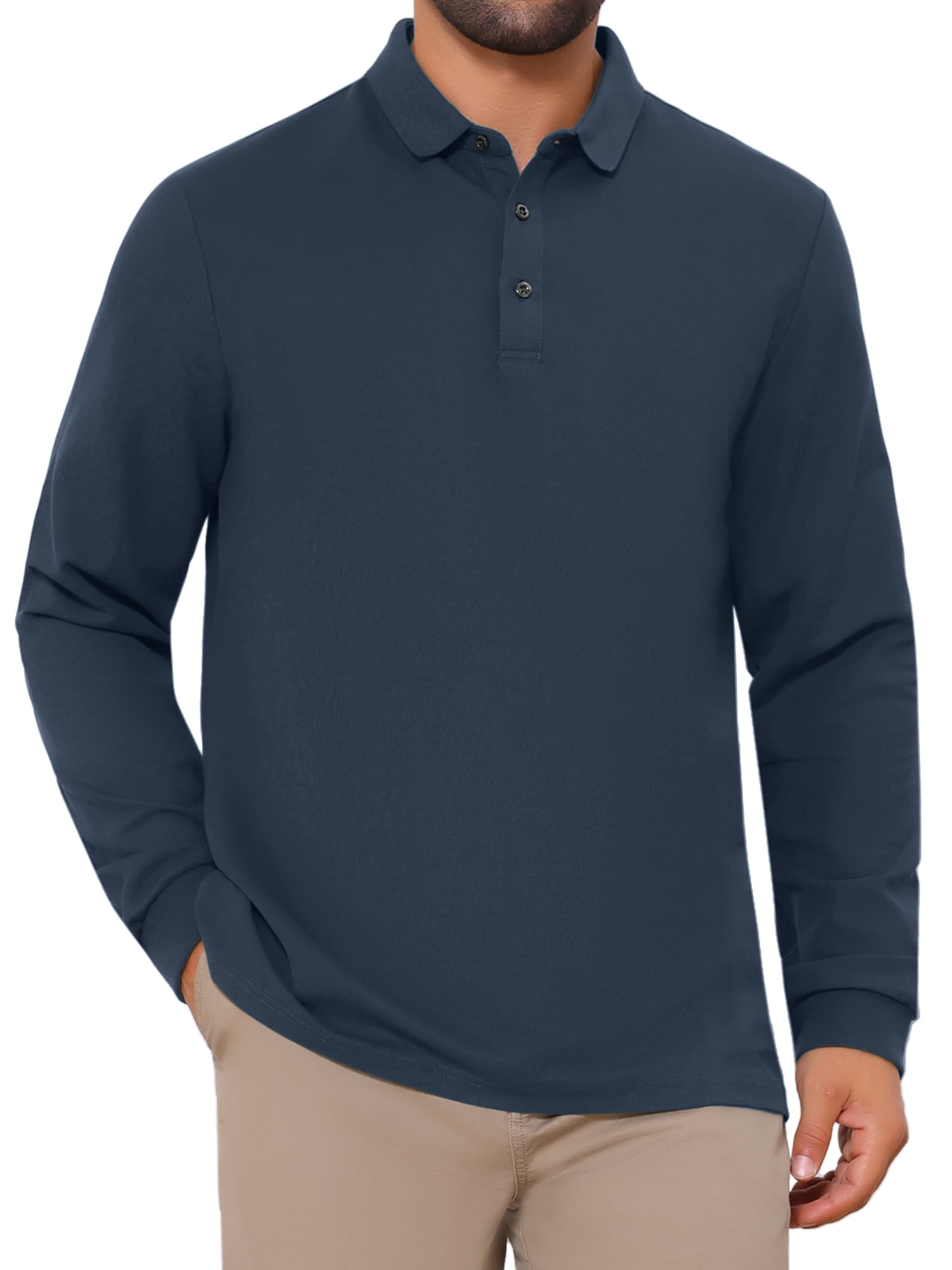 DARING DIVA Men's Classic Solid Color Long Sleeves Basic Golf Polo T-Shirts L Dark Blue