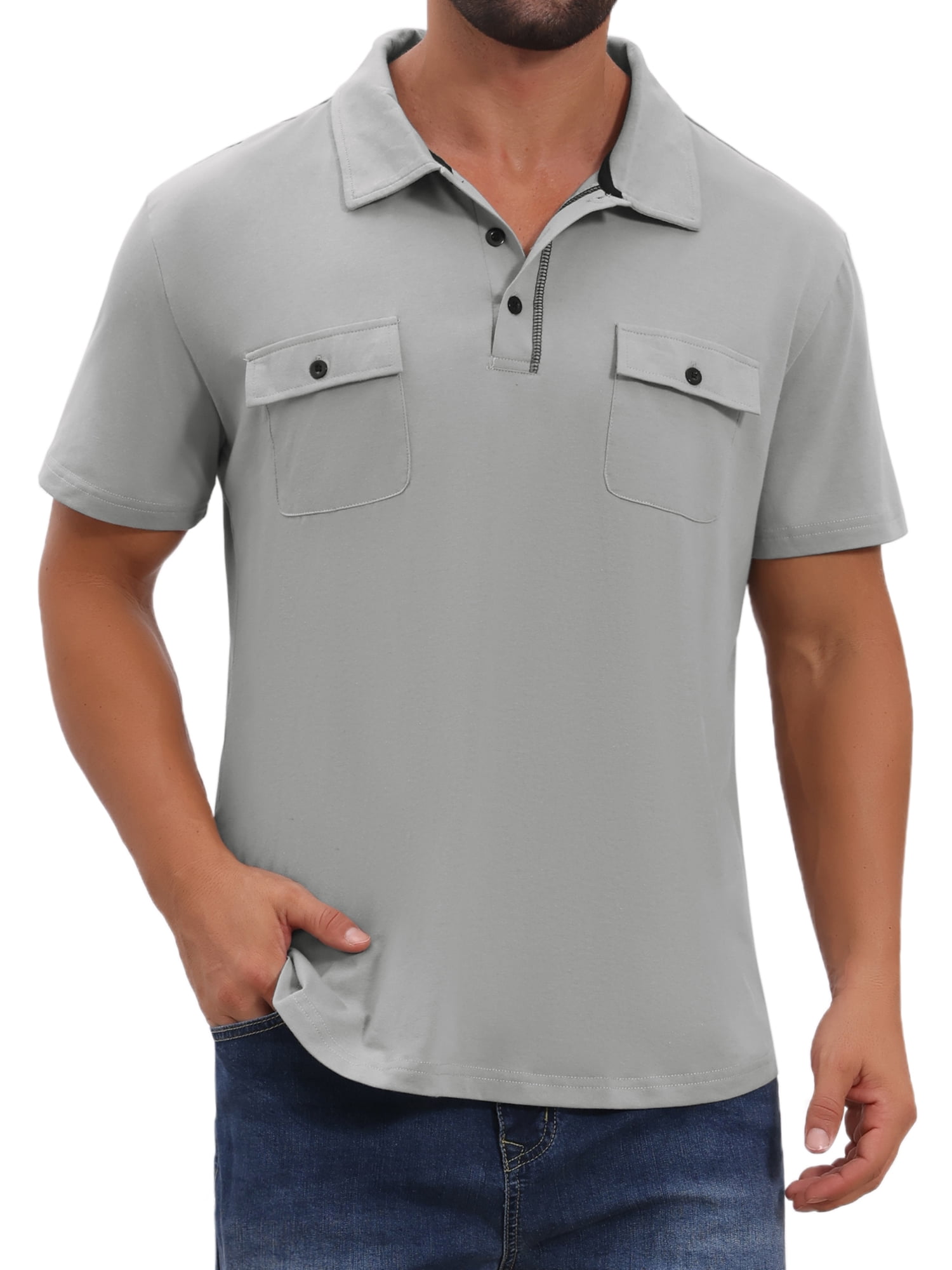 DARING DIVA Men's Collared Short Sleeve Double Chest Pockets Polo Shirt 2XL Light Gray