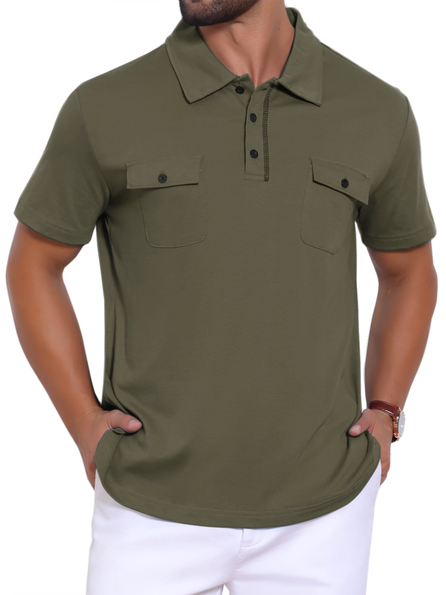 DARING DIVA Men's Collared Short Sleeve Double Chest Pockets Polo Shirt 2XL Olive Green