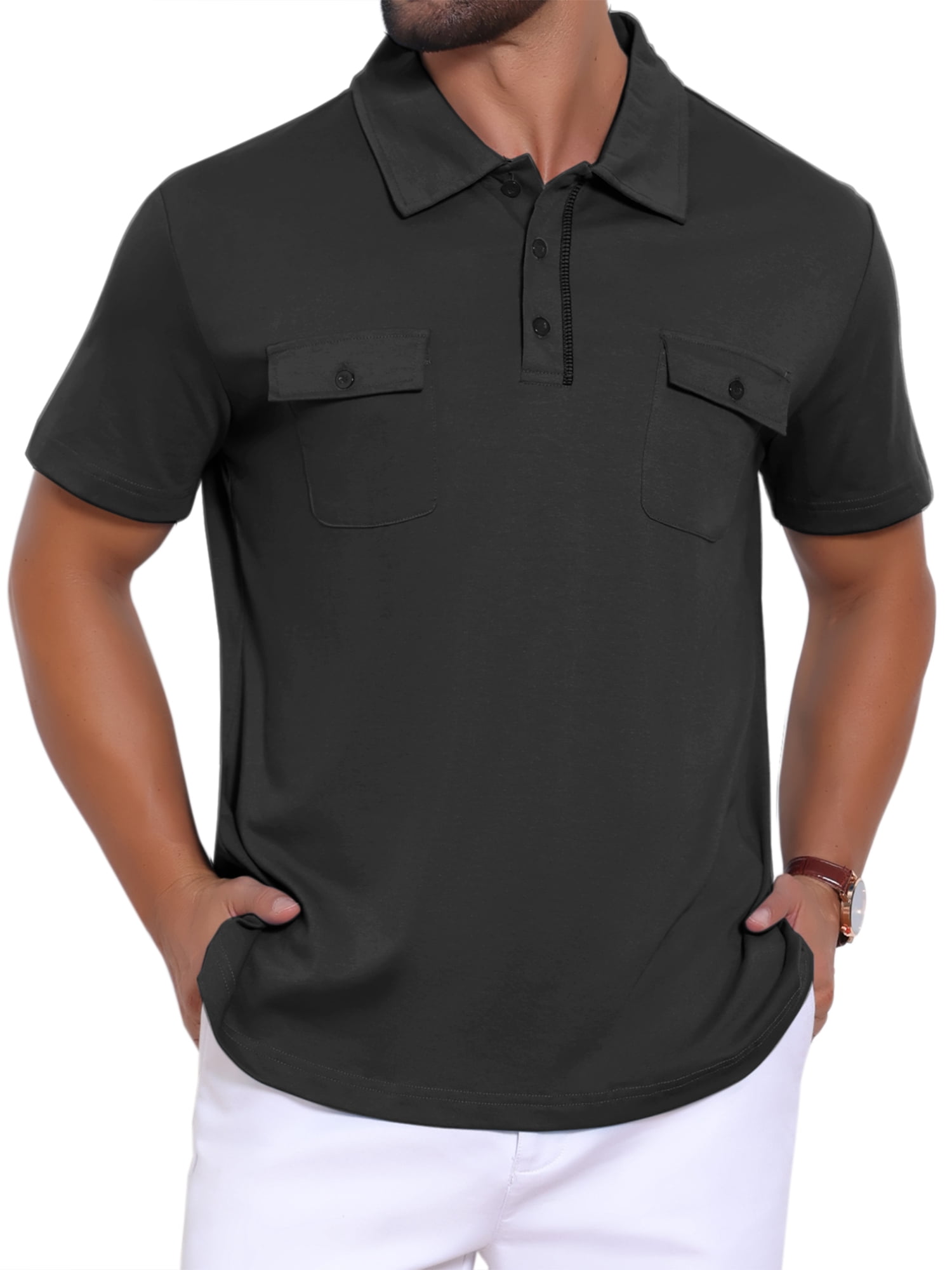 DARING DIVA Men's Collared Short Sleeve Double Chest Pockets Polo Shirt M Black