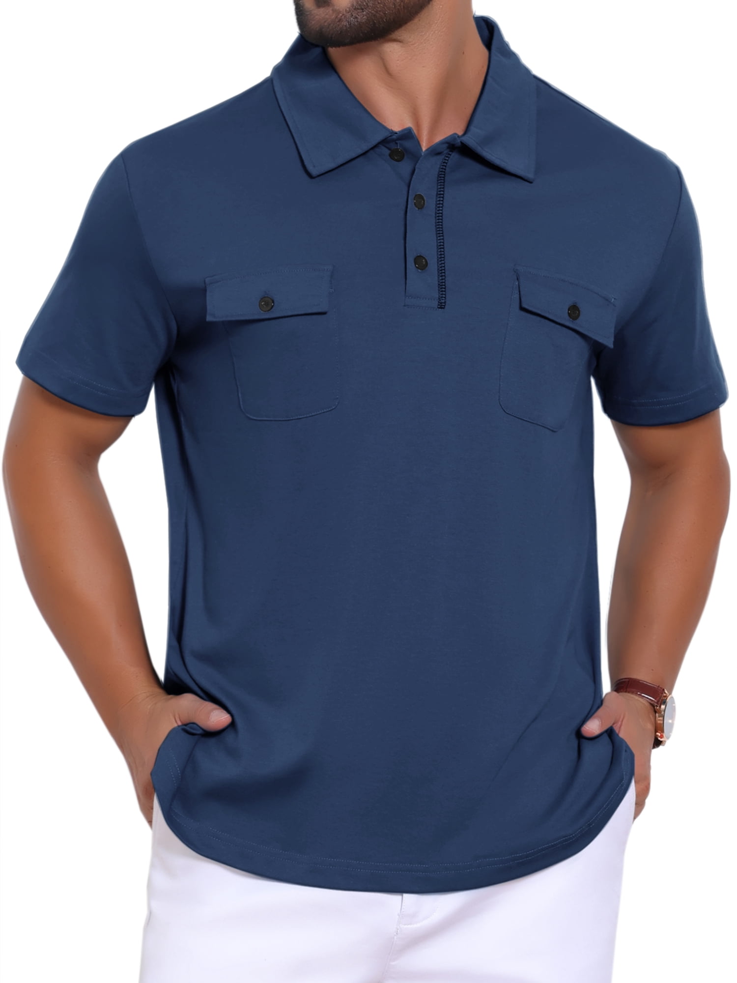 DARING DIVA Men's Collared Short Sleeve Double Chest Pockets Polo Shirt M Dark Blue