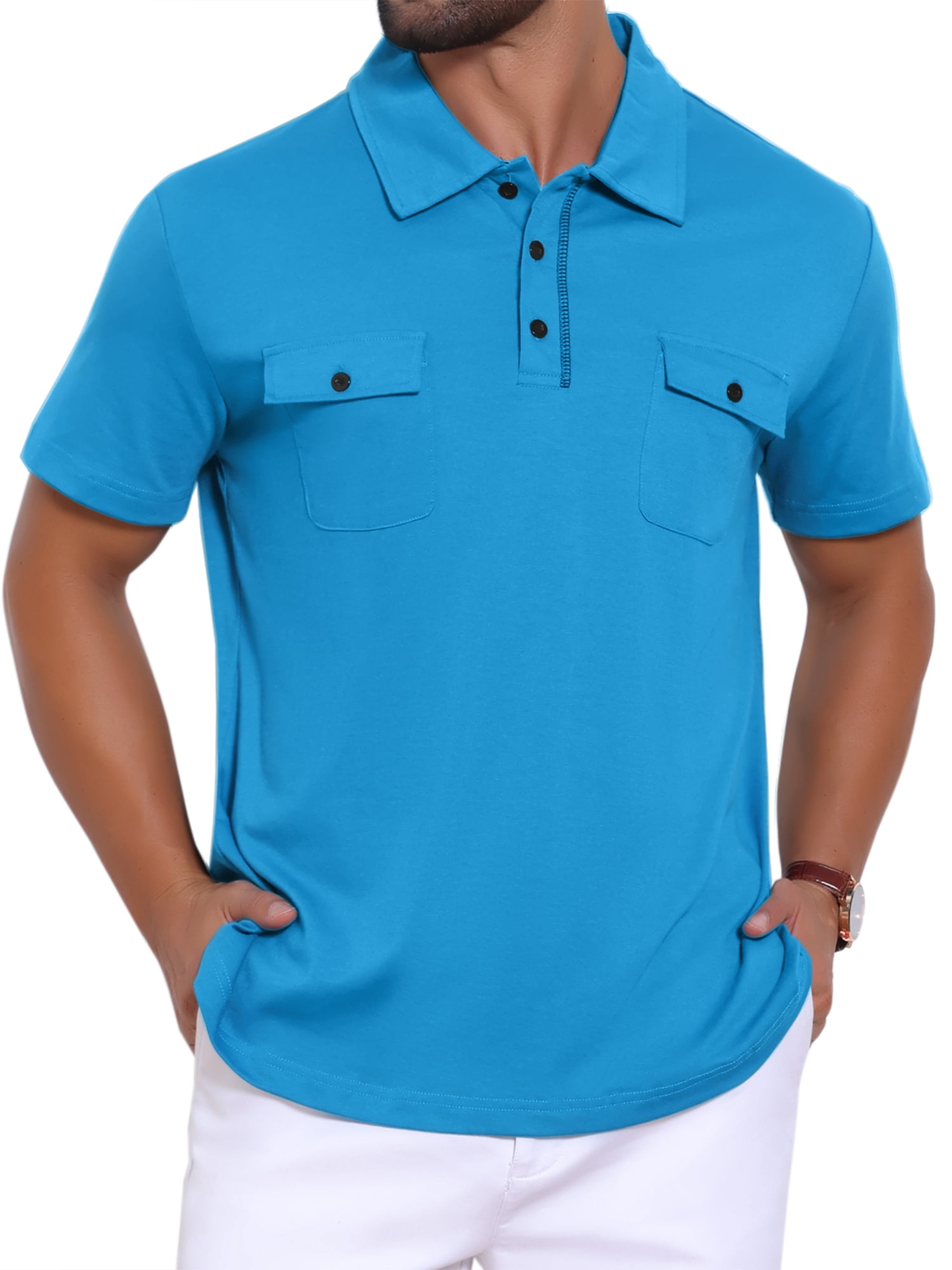 DARING DIVA Men's Collared Short Sleeve Double Chest Pockets Polo Shirt XL Blue