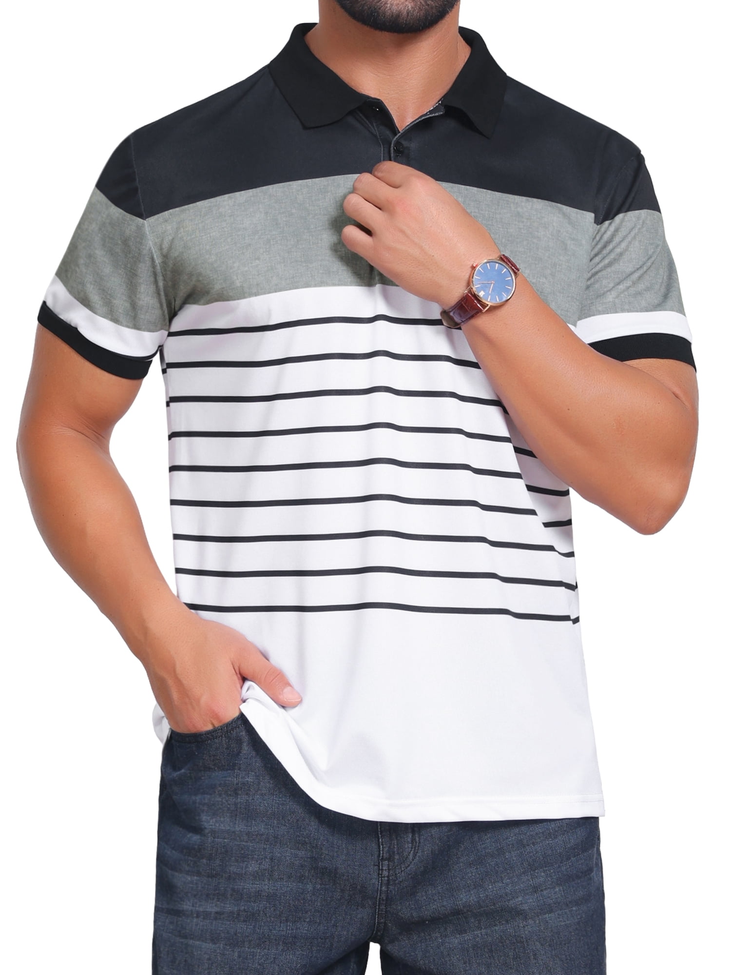 DARING DIVA Men's Colorblock Striped Short Sleeve Three Button Polo Shirts L Black White