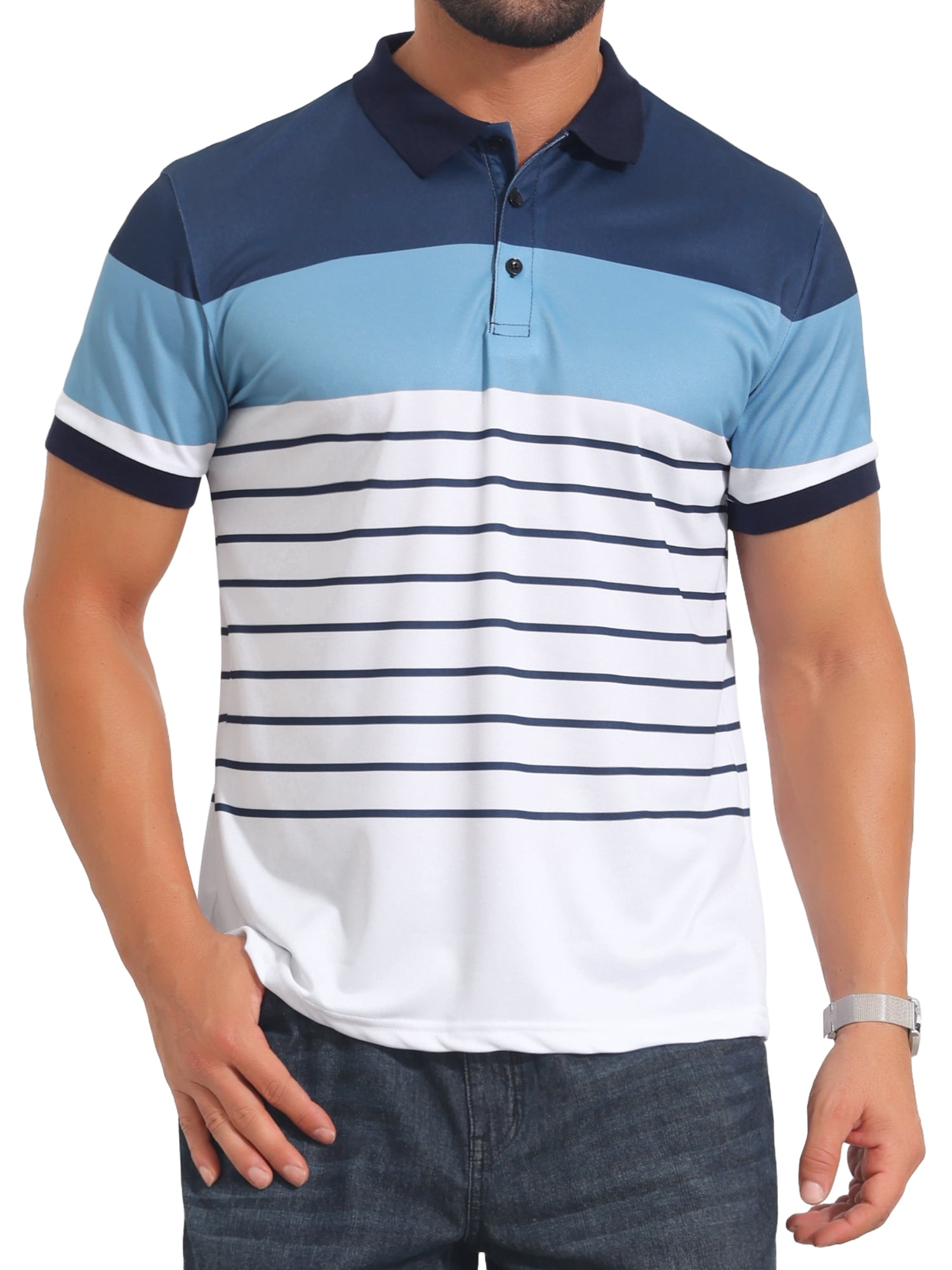 DARING DIVA Men's Colorblock Striped Short Sleeve Three Button Polo Shirts S Blue White