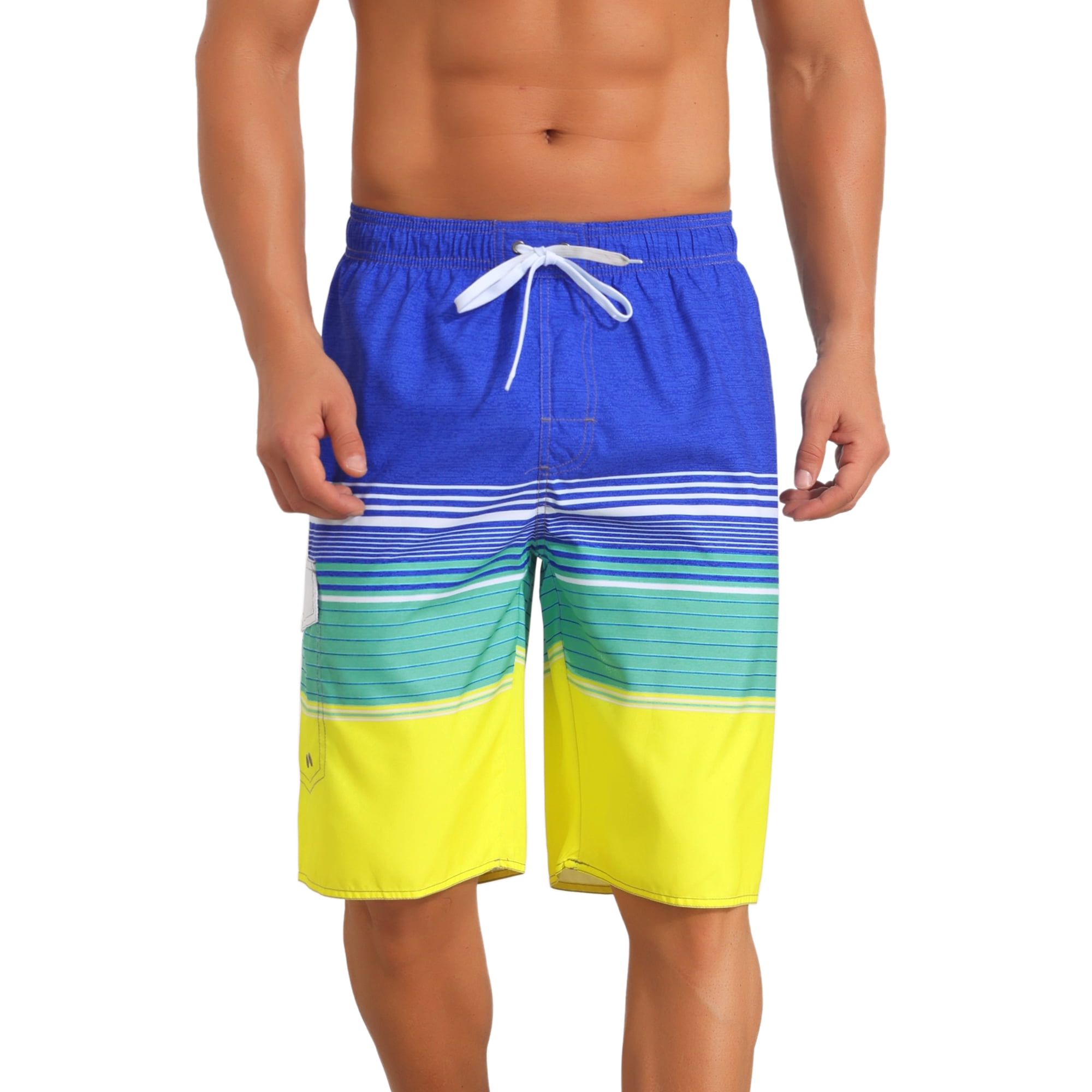 DARING DIVA Men's Colorblock Striped Swimming Shorts Adjustable Drawstring 32 Yellow